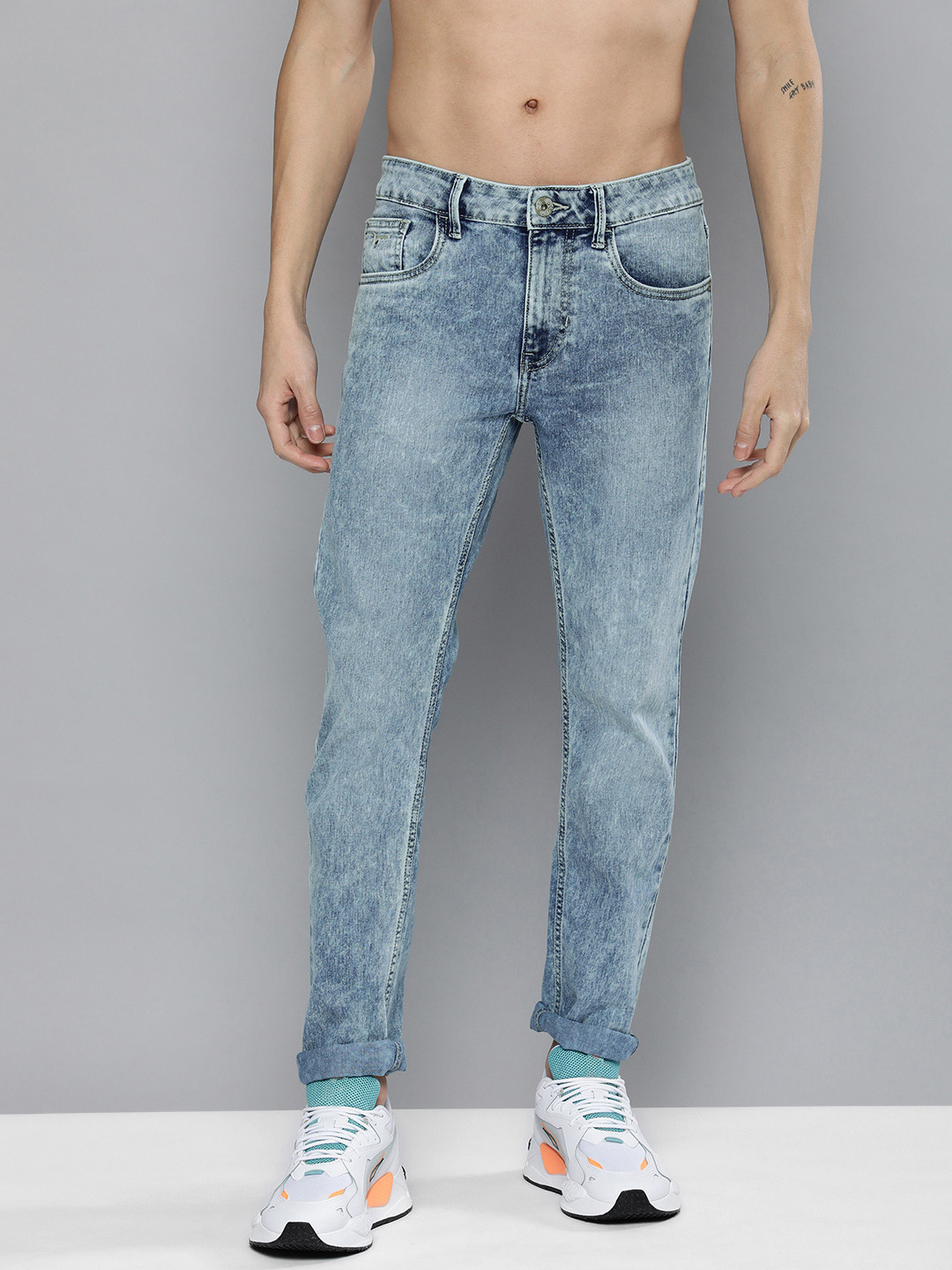 

Flying Machine Men Blue Michael Slim Tapered Fit Heavy Fade Stretchable Jeans