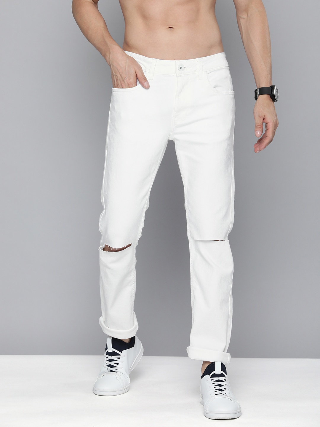 

Flying Machine Men White Micheal Slim Tapered Fit Slash Knee Stretchable Jeans