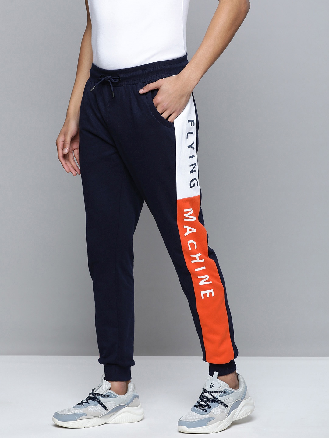 

Flying Machine Men Navy Blue & Red Brand Logo Printed Slim Fit Joggers