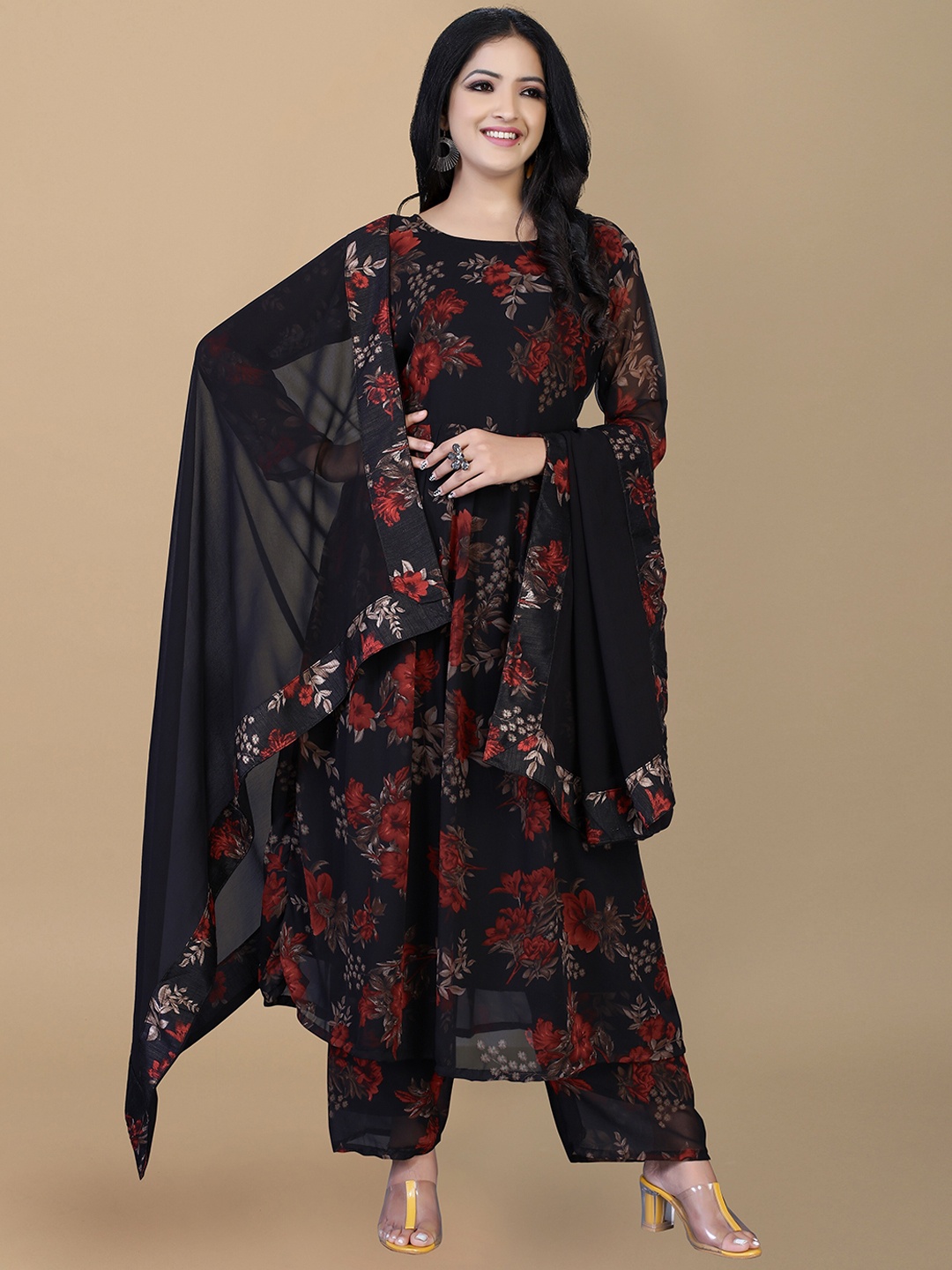 

ASPORA Women Black Ethnic Motifs Printed Pleated Kurta with Palazzos & With Dupatta