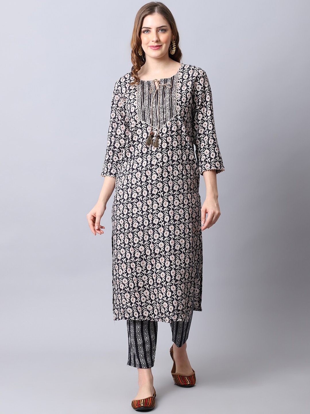 

The Mini NEEDLE Women Black Floral Printed Pure Cotton Kurta with Trousers & With Dupatta