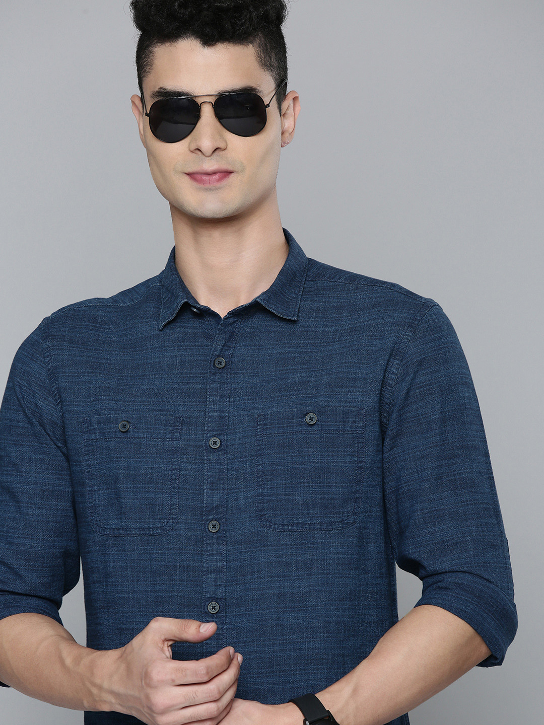 

Flying Machine Men Navy Blue Textured Denim Casual Shirt