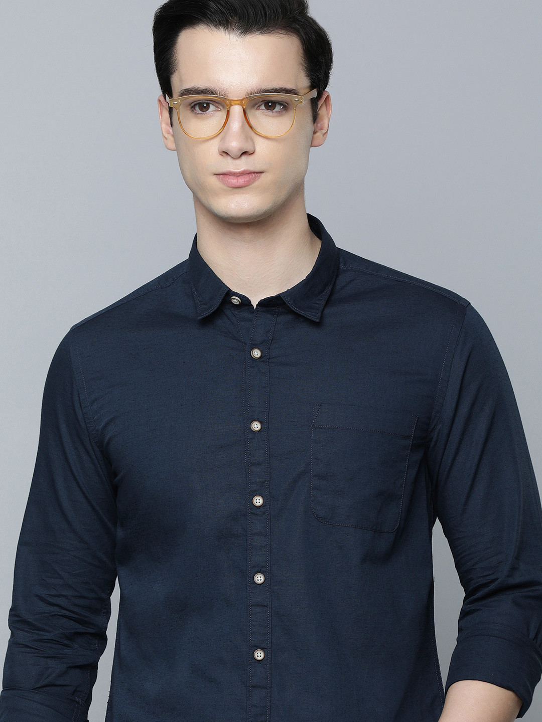 

Flying Machine Men Solid Slim Fit Cotton Linen Casual Shirt, Navy blue