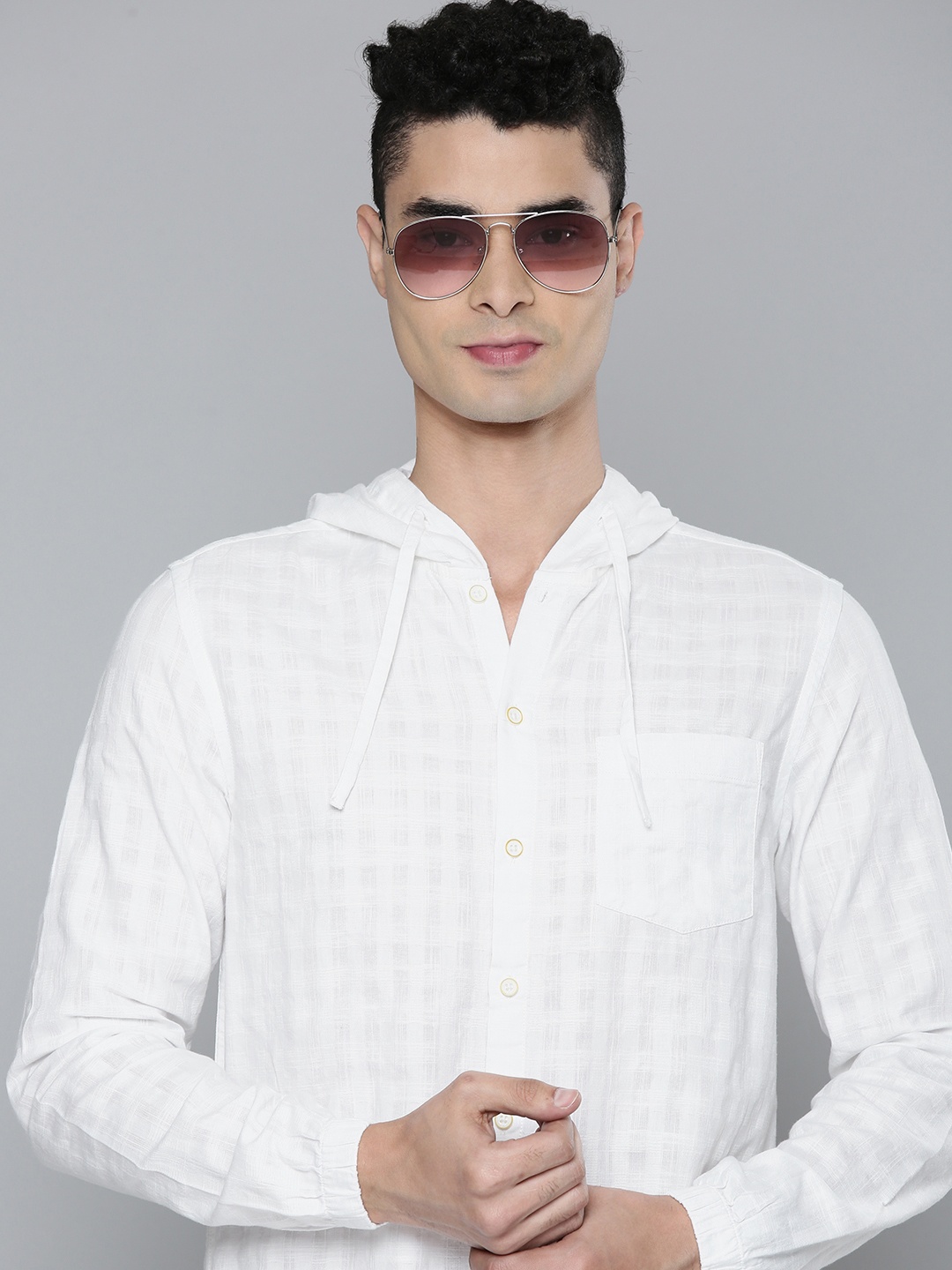 

Flying Machine Men White Checked Opaque Self Design Pure Cotton Hooded Casual Shirt