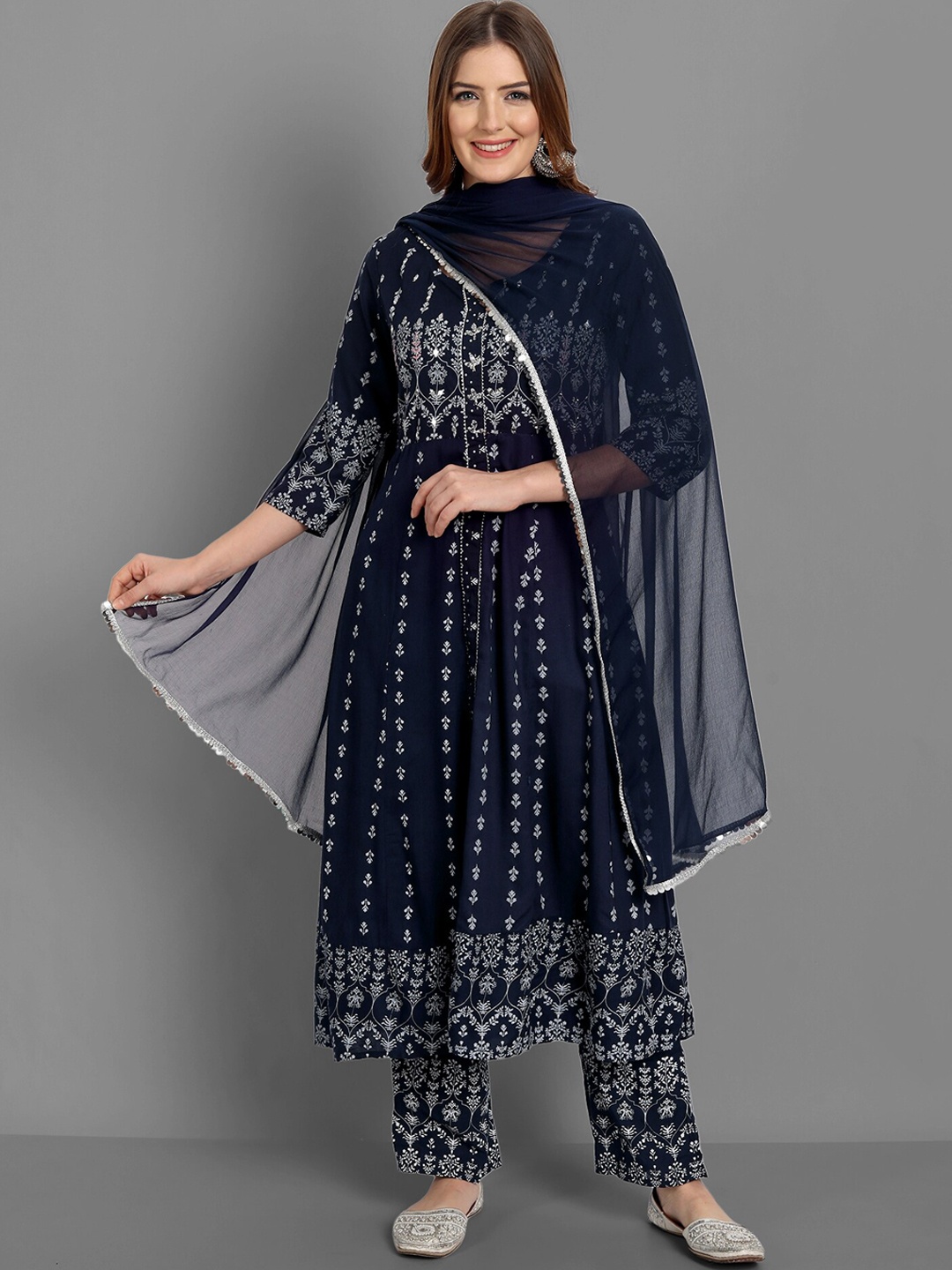 

SINGNI Women Blue Ethnic Motifs Layered Kurta with Trousers & With Dupatta