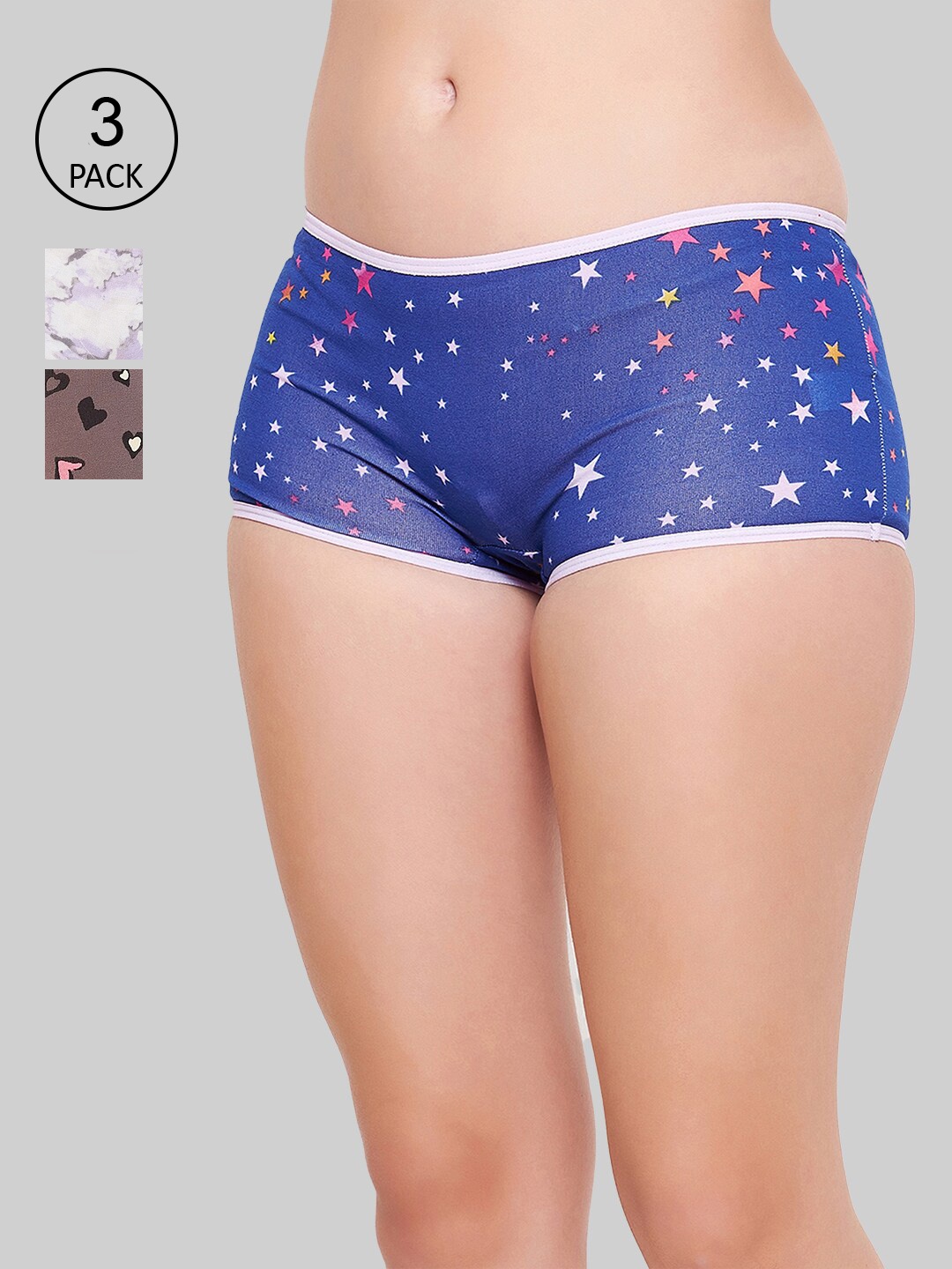 

Clovia Women Pack of 3 Printed Boy Shorts, Blue