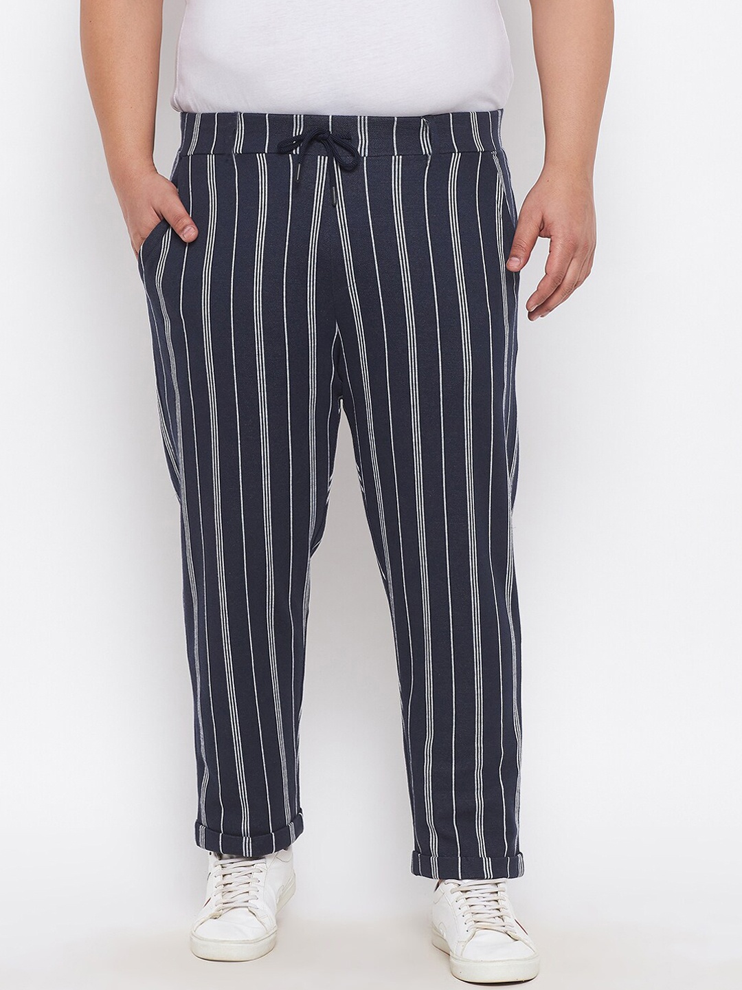 

Austivo Men Navy Blue Plus Size Striped Cotton Track Pants