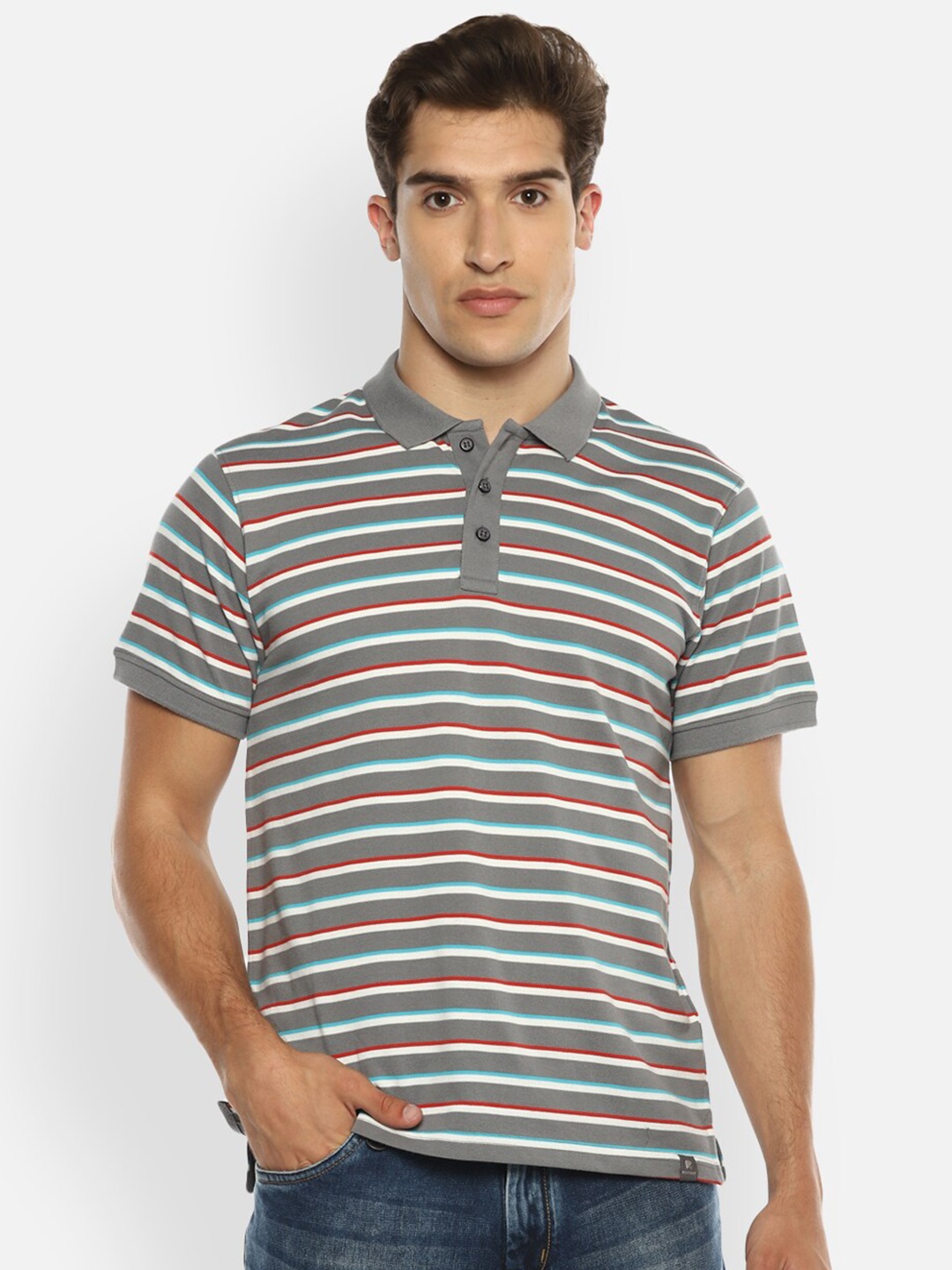 

Red Chief Men Grey & moon mist Striped Henley Neck T-shirt