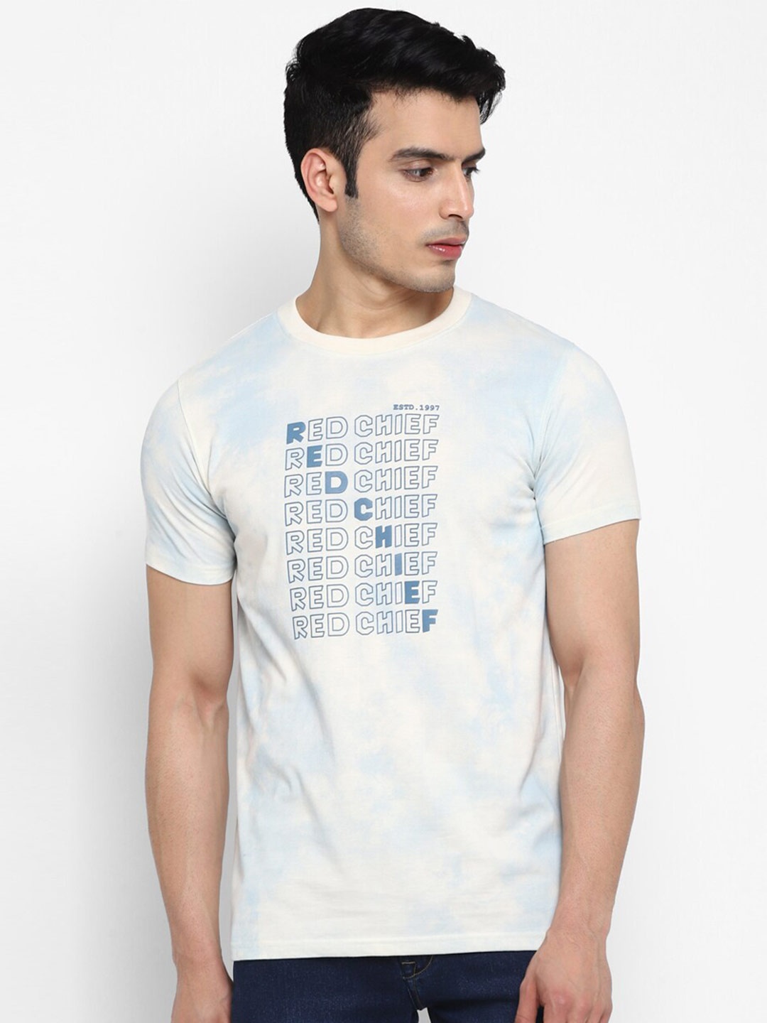 

Red Chief Men White Printed Raw Edge T-shirt