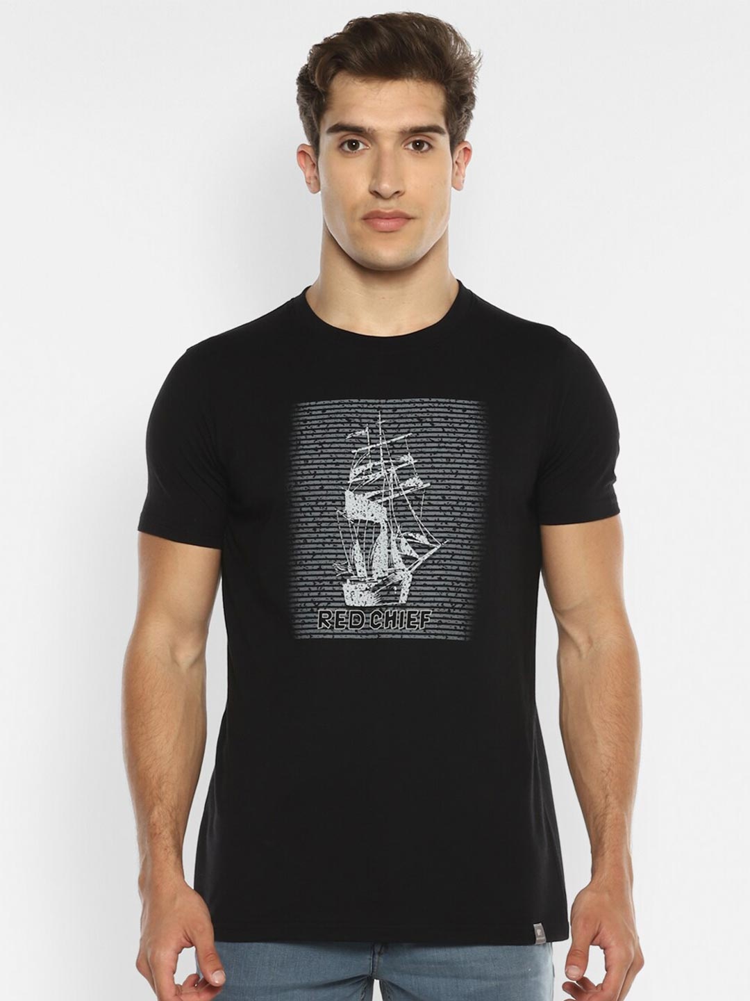 

Red Chief Men Black Printed Applique T-shirt
