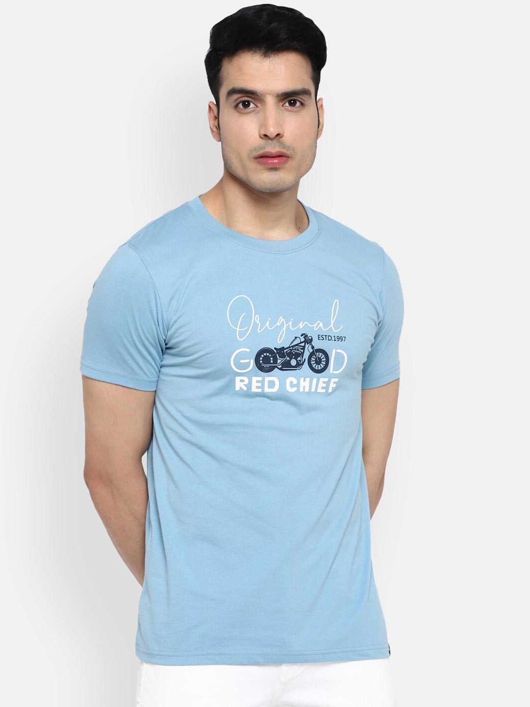 

Red Chief Men Blue Typography Printed Applique T-shirt