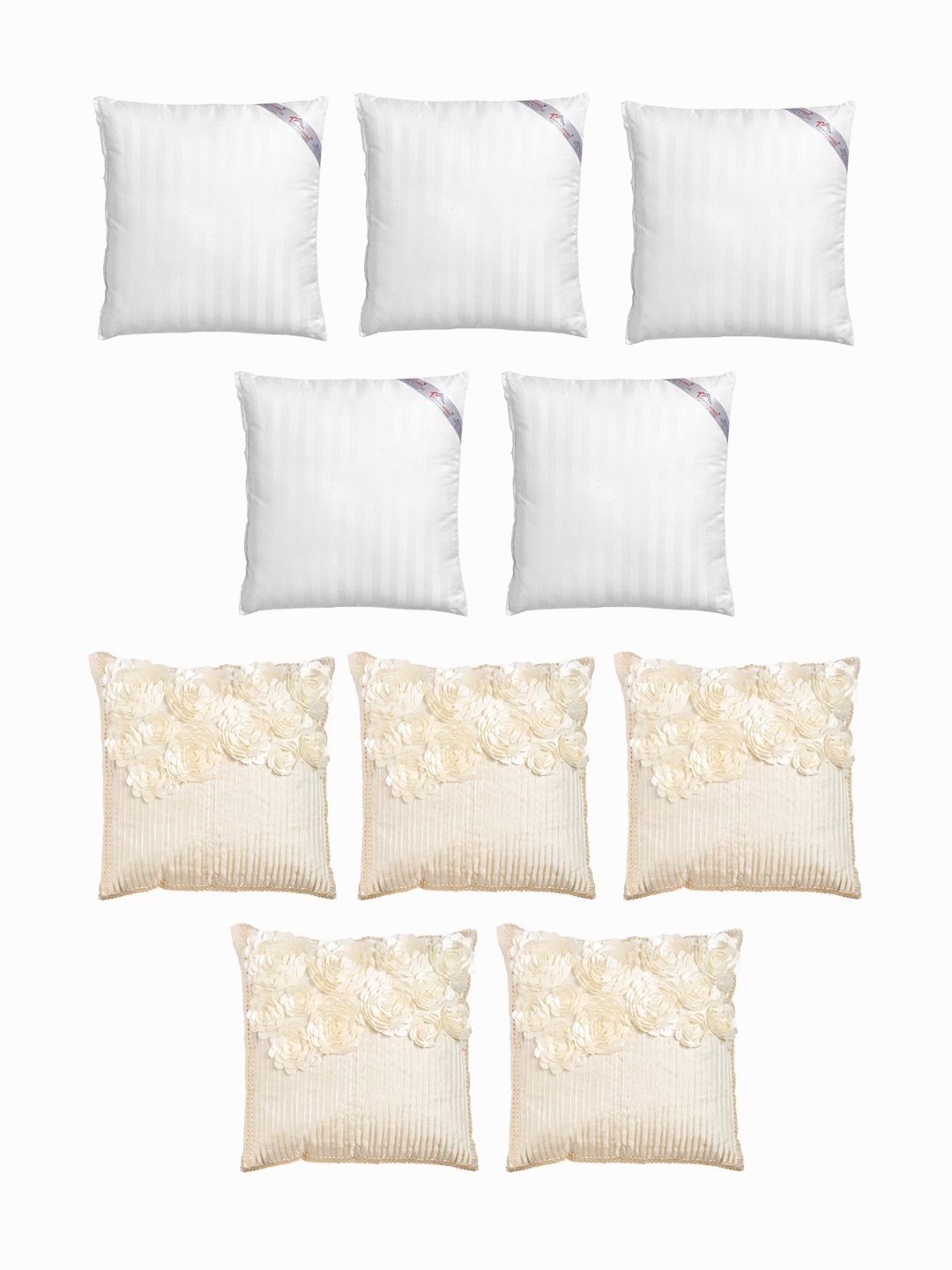 

HOSTA HOMES Set Of 5 Striped Cushions & 5 Embellished Square Cushion Covers, Cream