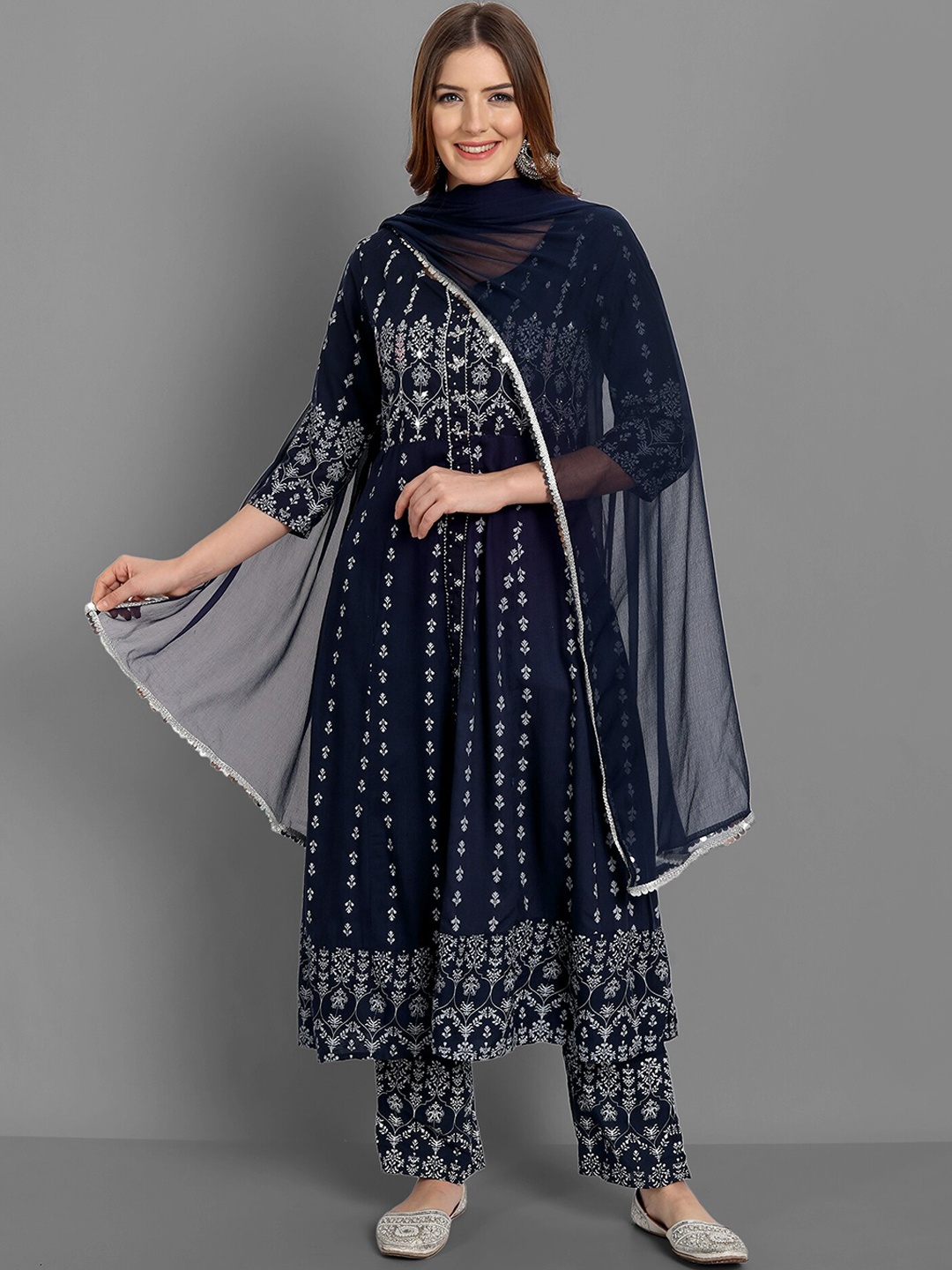 

SINGNI Women Blue Ethnic Motifs Layered Kurta with Trousers & With Dupatta