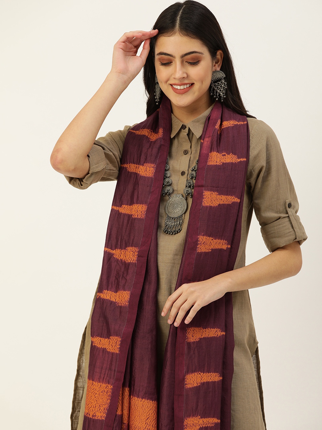 

ArtEastri Burgundy & Orange Woven Design Pure Silk Shibori Dupatta