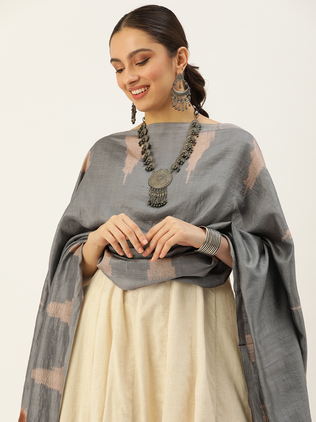 

ArtEastri Grey & Brown Woven Design Pure Silk Shibori Dupatta