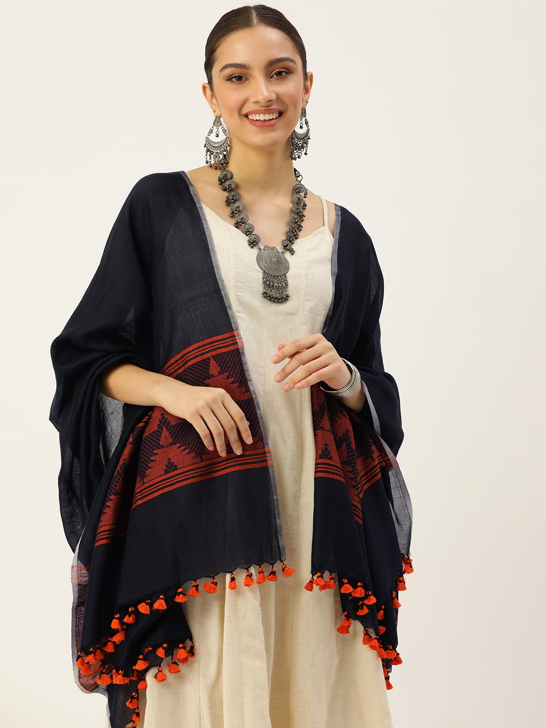 

ArtEastri Ethnic Motifs Pure Cotton Dupatta, Navy blue