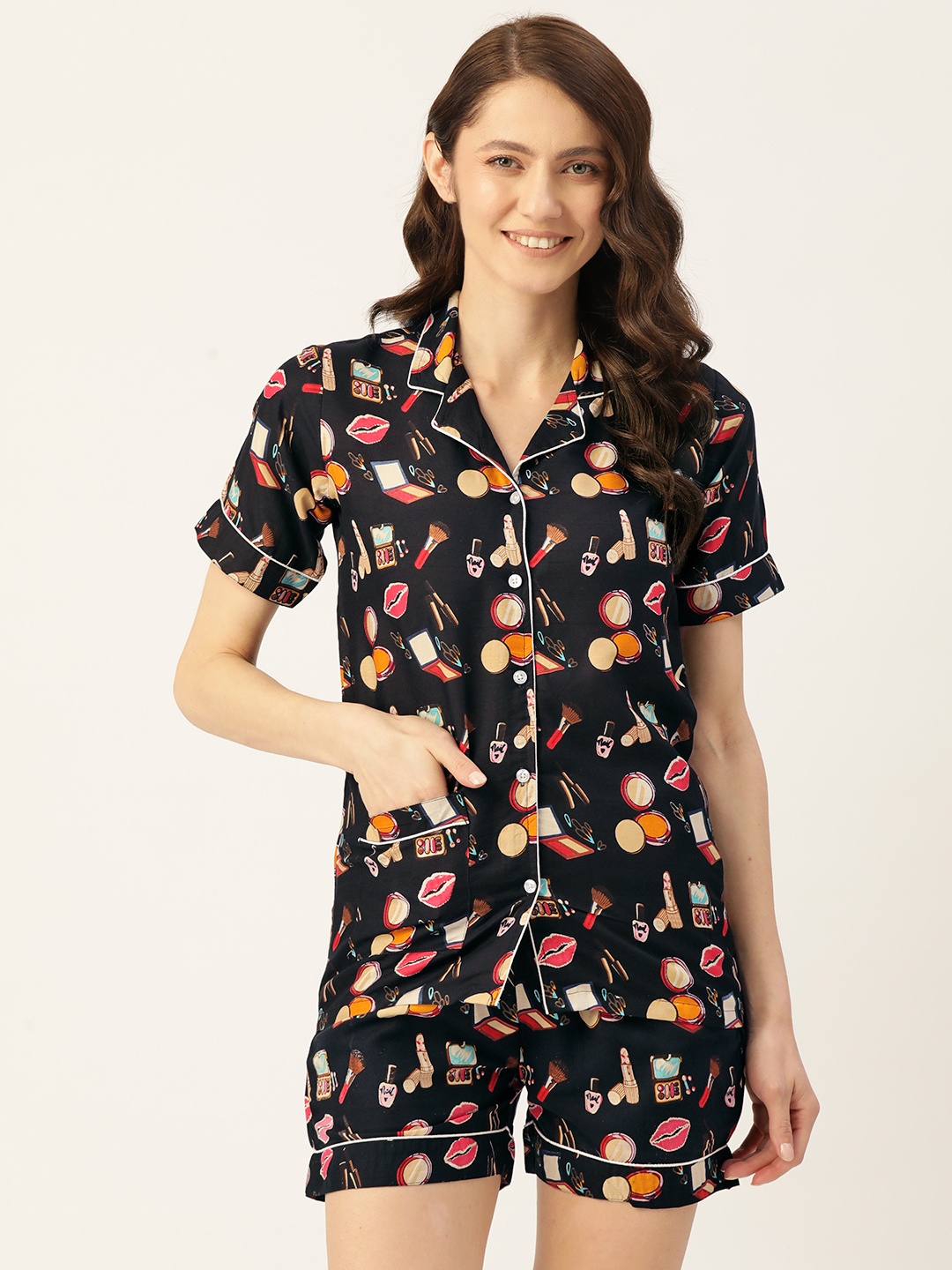 

MissKurti Women Black & Yellow Conversational Printed Night suit
