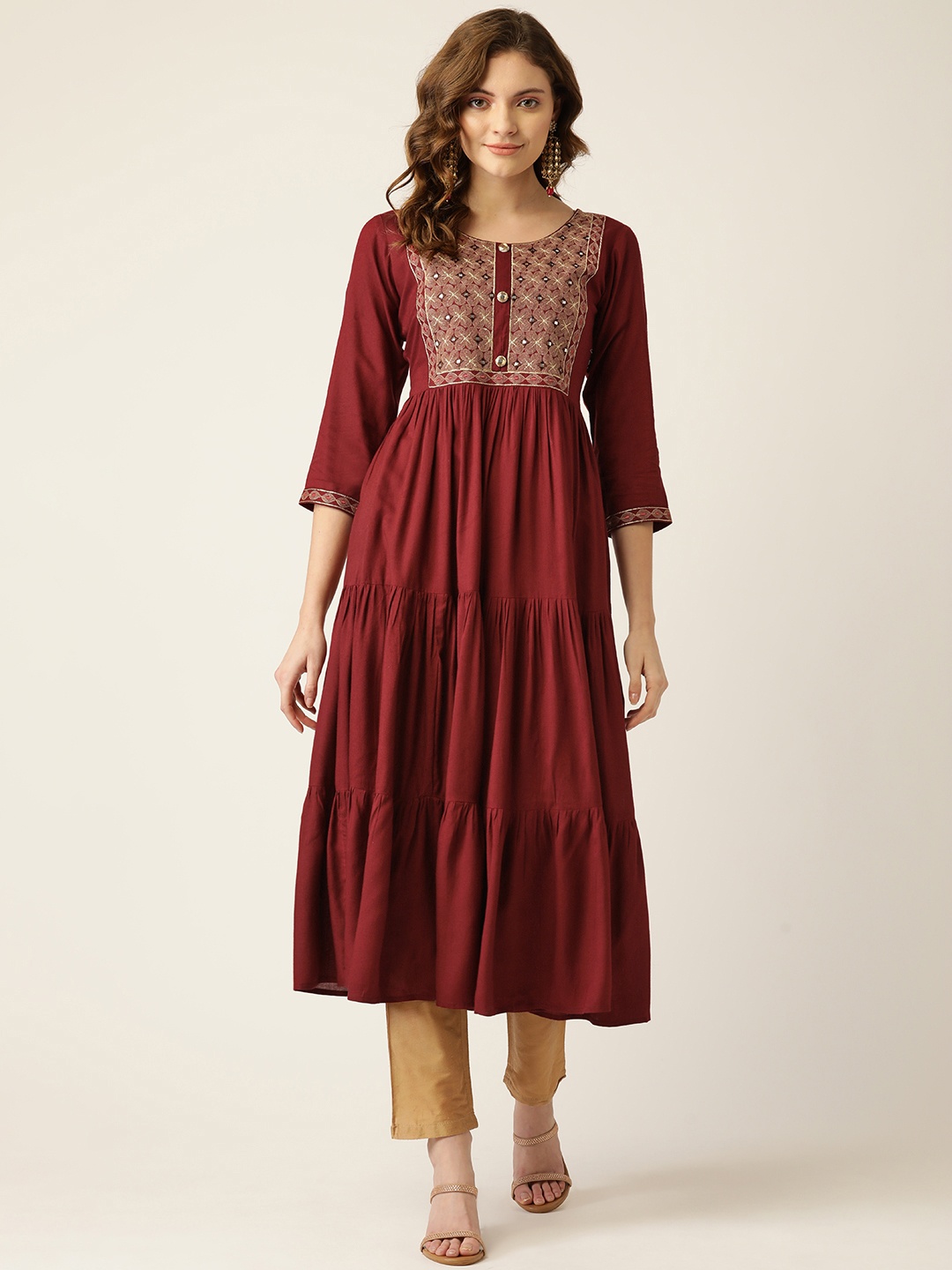 

MissKurti Women Maroon Ethnic Motifs Embroidered Thread Work Anarkali Kurta