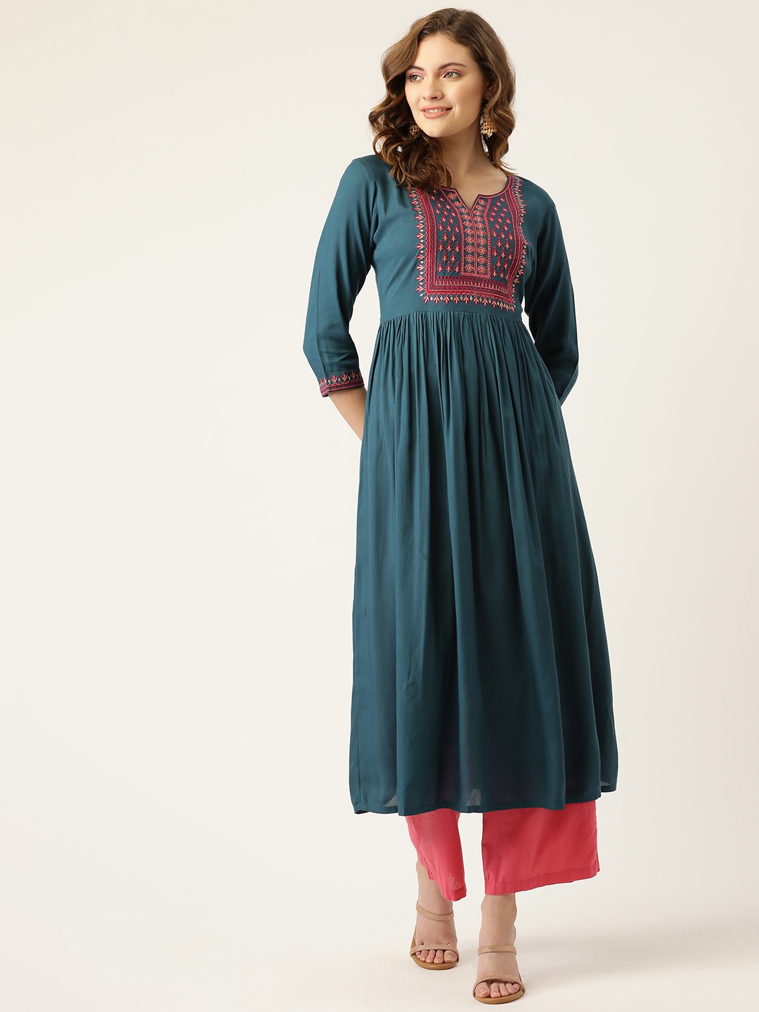 

MissKurti Women Teal & Red Ethnic Motifs Embroidered Thread Work Anarkali Kurta