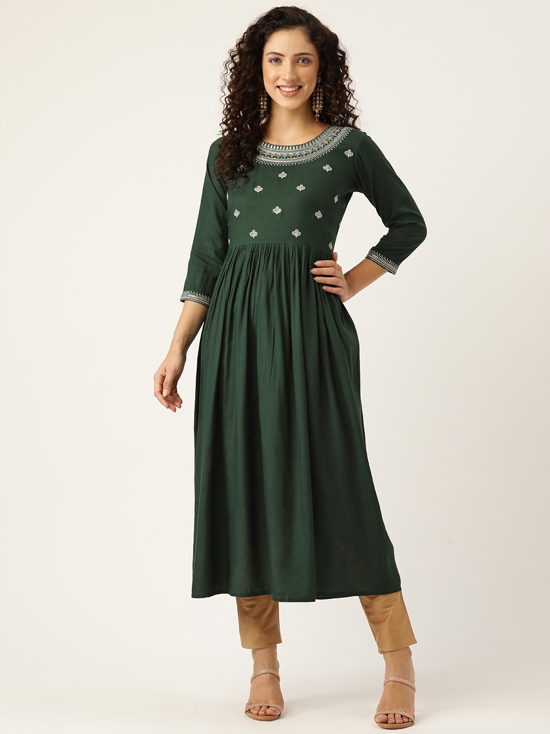 

MissKurti Women Green Ethnic Motifs Embroidered Thread Work Anarkali Kurta