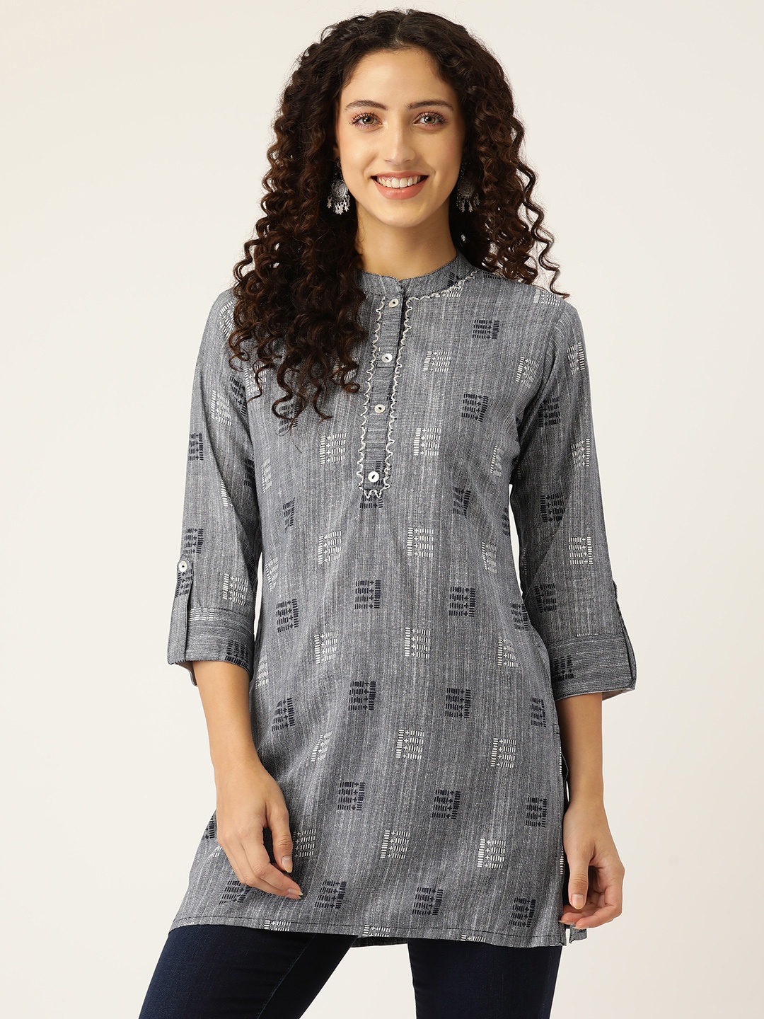 

MissKurti Grey Viscose Rayon Mandarin Collar Tunic