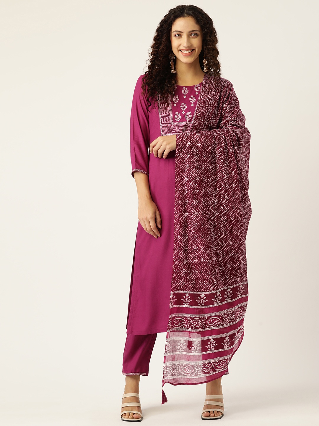 

MissKurti Women Magenta Ethnic Motifs Yoke Design Thread Work Kurta with Trousers & With Dupatta