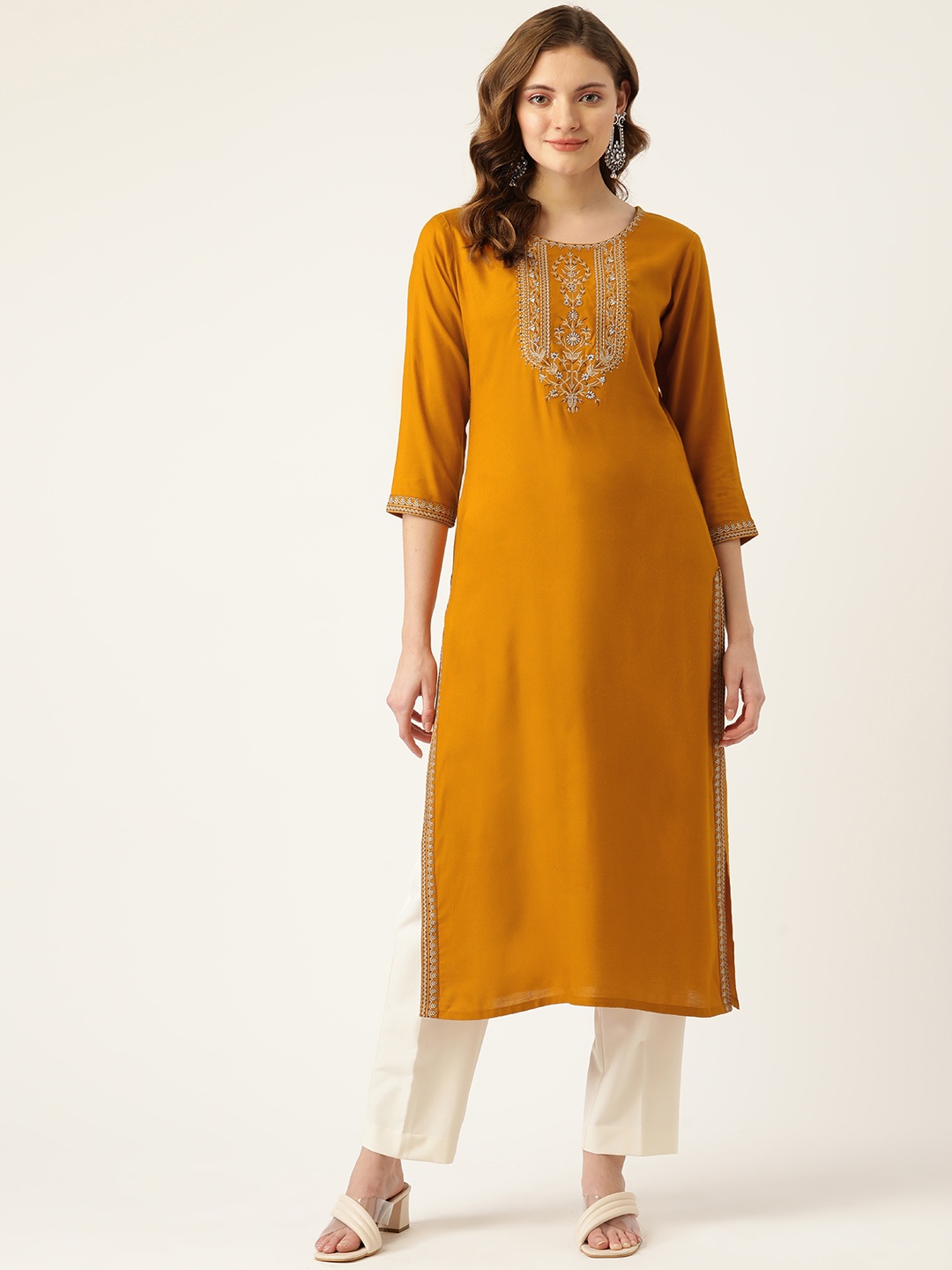 

MissKurti Women Mustard Yellow Ethnic Motifs Embroidered Thread Work Kurta