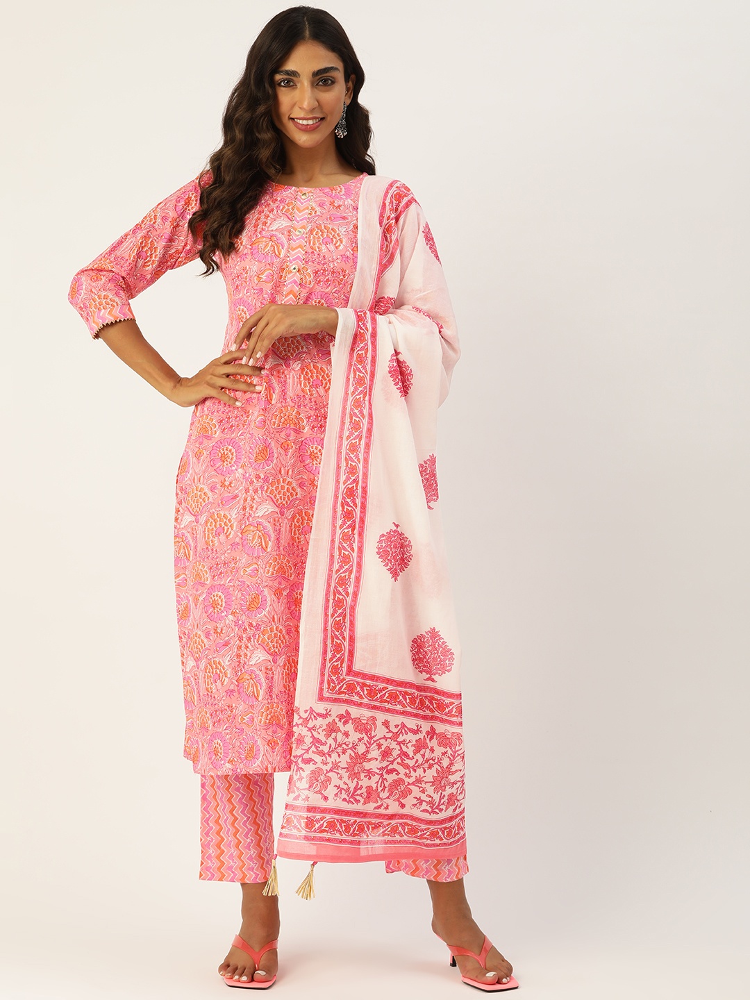 

MissKurti Women Pink Ethnic Motifs Printed Gotta Patti Pure Cotton Kurta with Trousers & With Dupatta