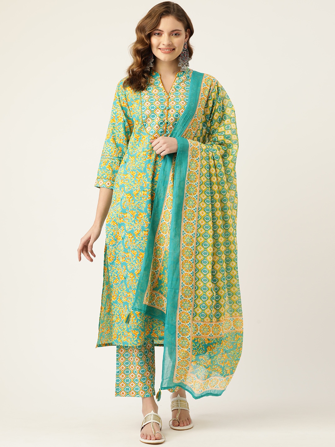 

MissKurti Women Green Ethnic Motifs Printed Pure Cotton Kurta with Trousers & With Dupatta