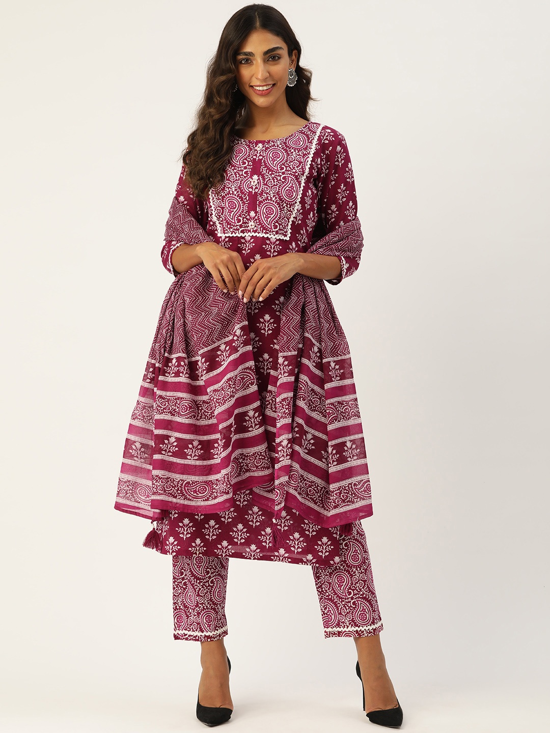 

MissKurti Women Burgundy Ethnic Motifs Printed Pure Cotton Kurta with Trousers & With Dupatta