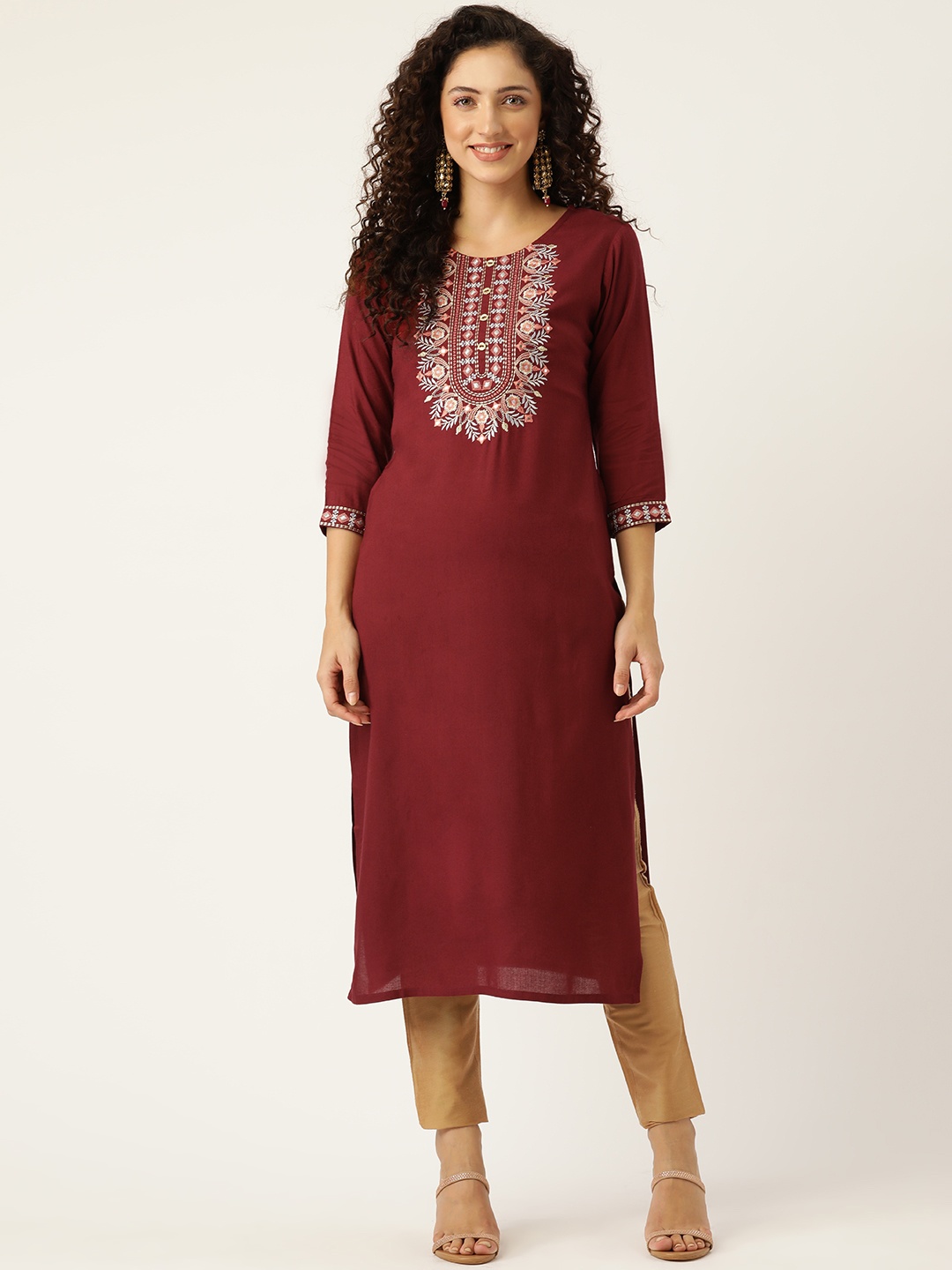 

MissKurti Women Maroon Ethnic Motifs Embroidered Thread Work Kurta