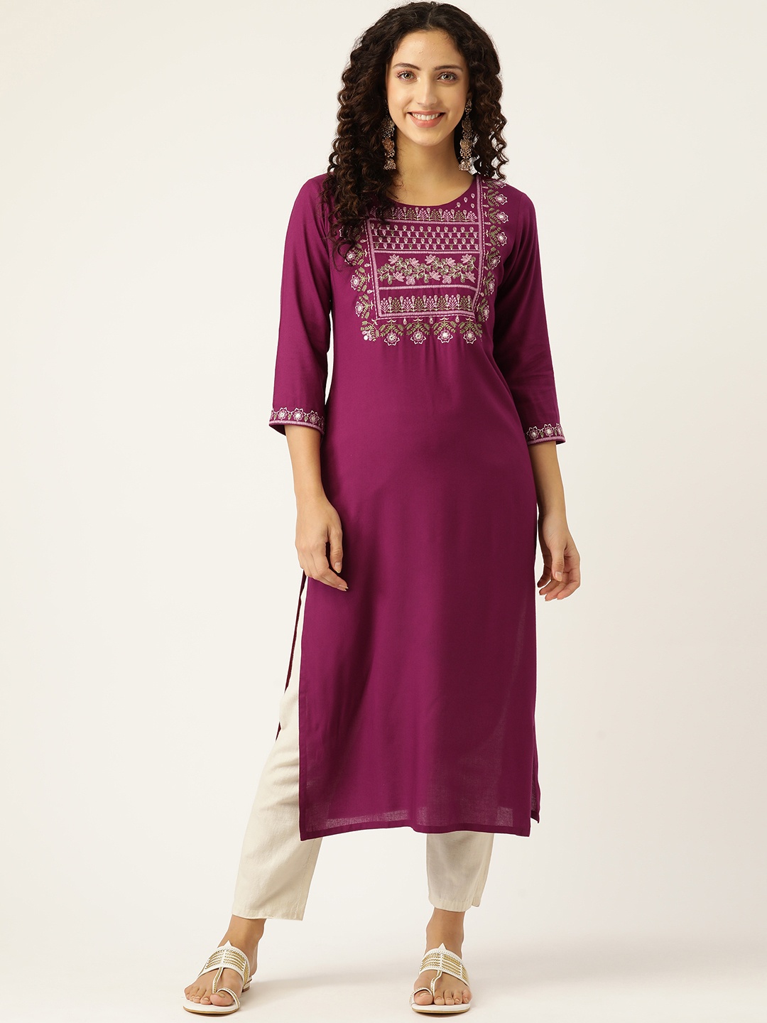 MissKurti Women Burgundy Ethnic Motifs Embroidered Thread Work Kurta