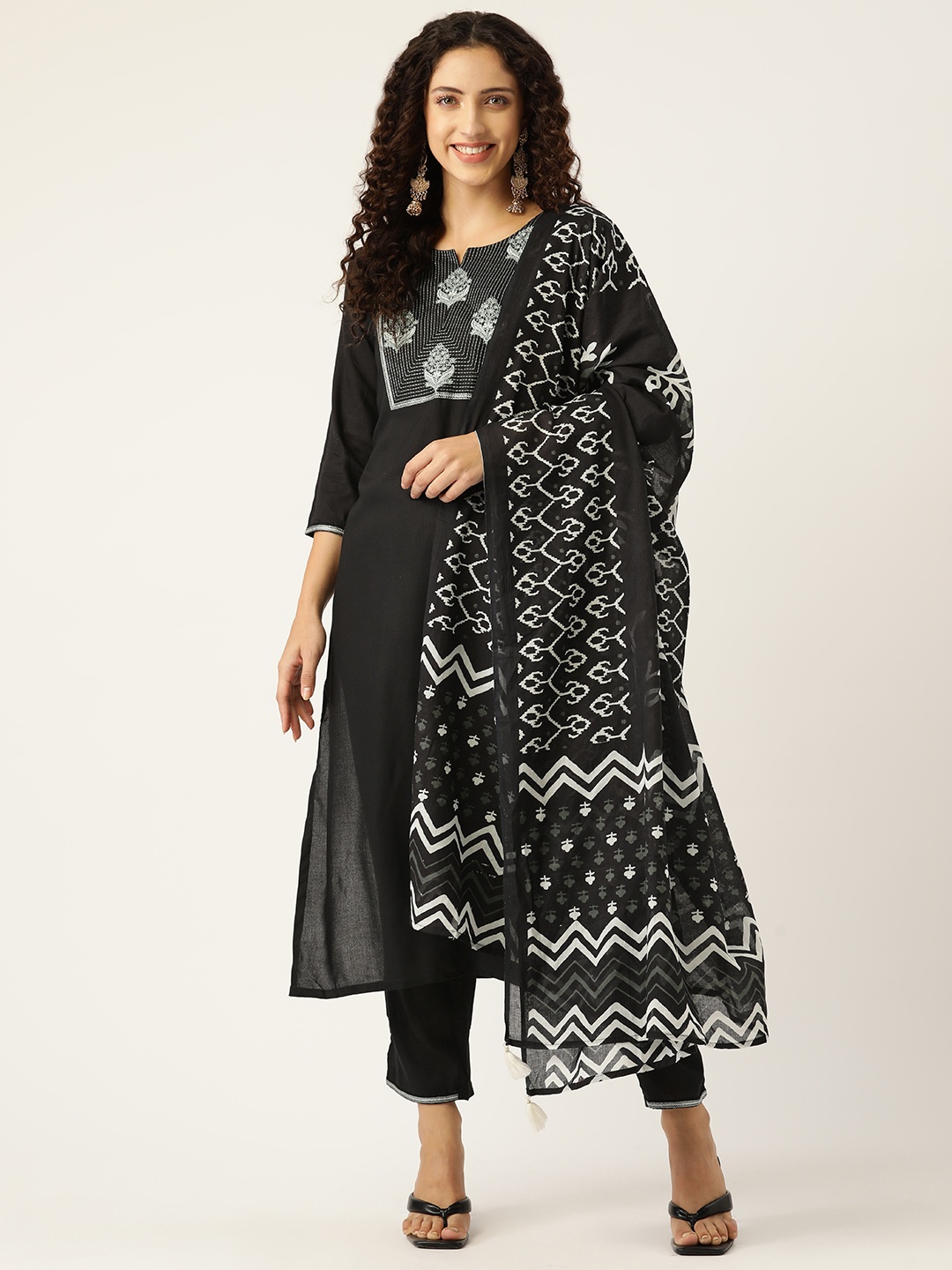 

MissKurti Women Black Ethnic Motifs Yoke Design Kantha Work Kurta with Trousers & With Dupatta