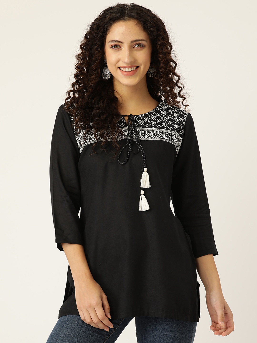 

MissKurti Black Viscose Rayon Embroidered Tunic