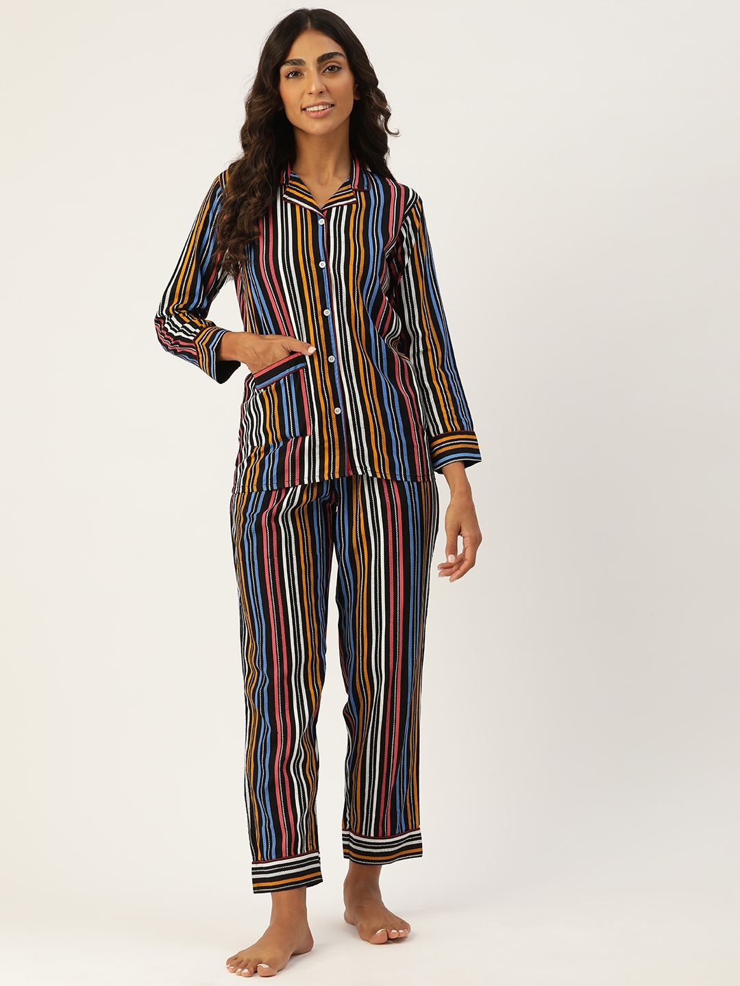 

MissKurti Women Black & Blue Striped Night suit