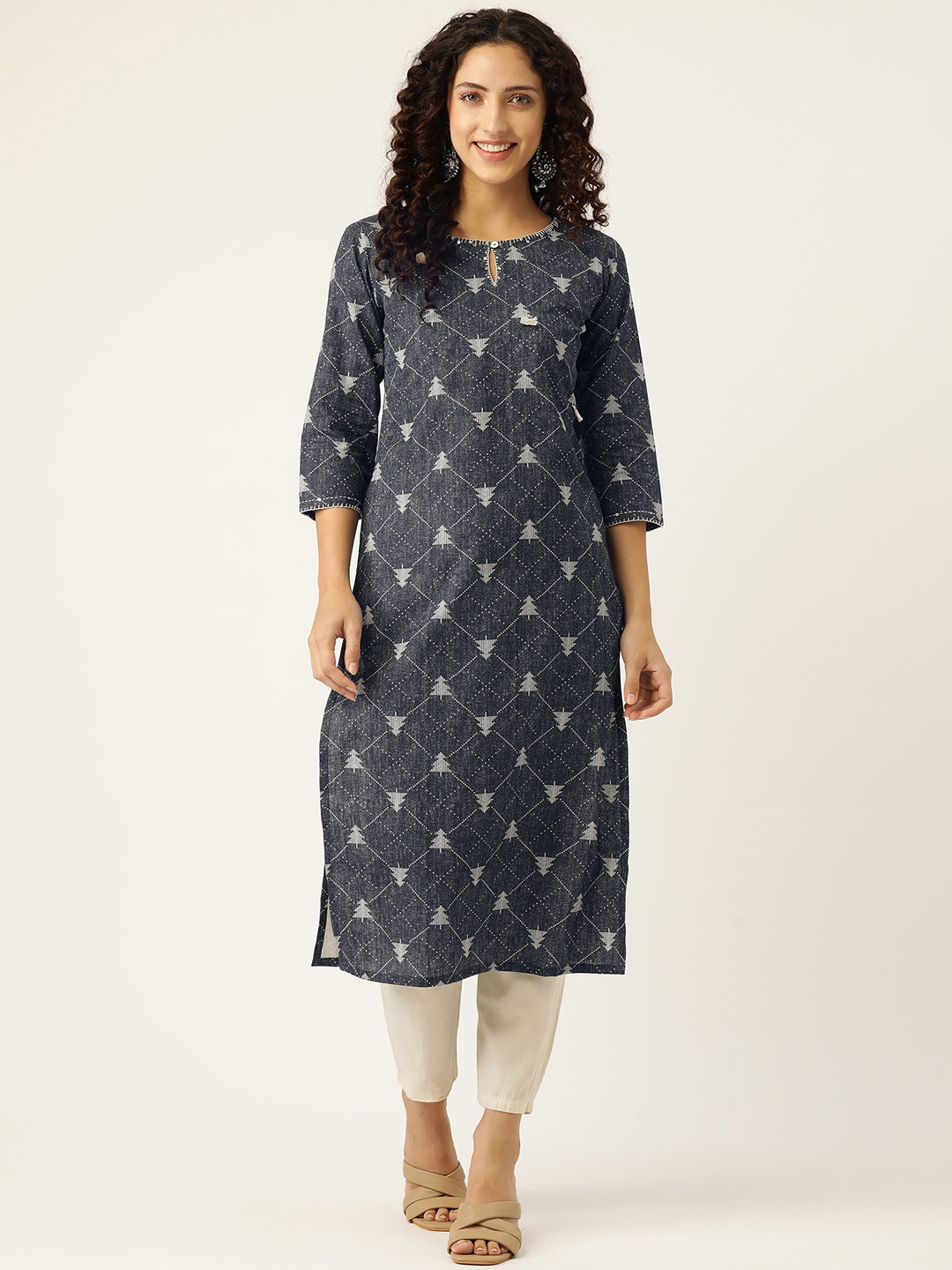 

MissKurti Women Navy Blue Geometric Printed Keyhole Neck Indigo Kurta