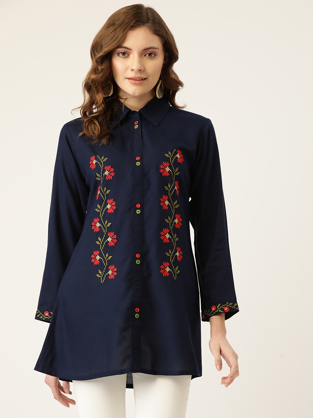 

MissKurti Navy Blue Viscose Rayon Shirt Collar Embroidered Tunic