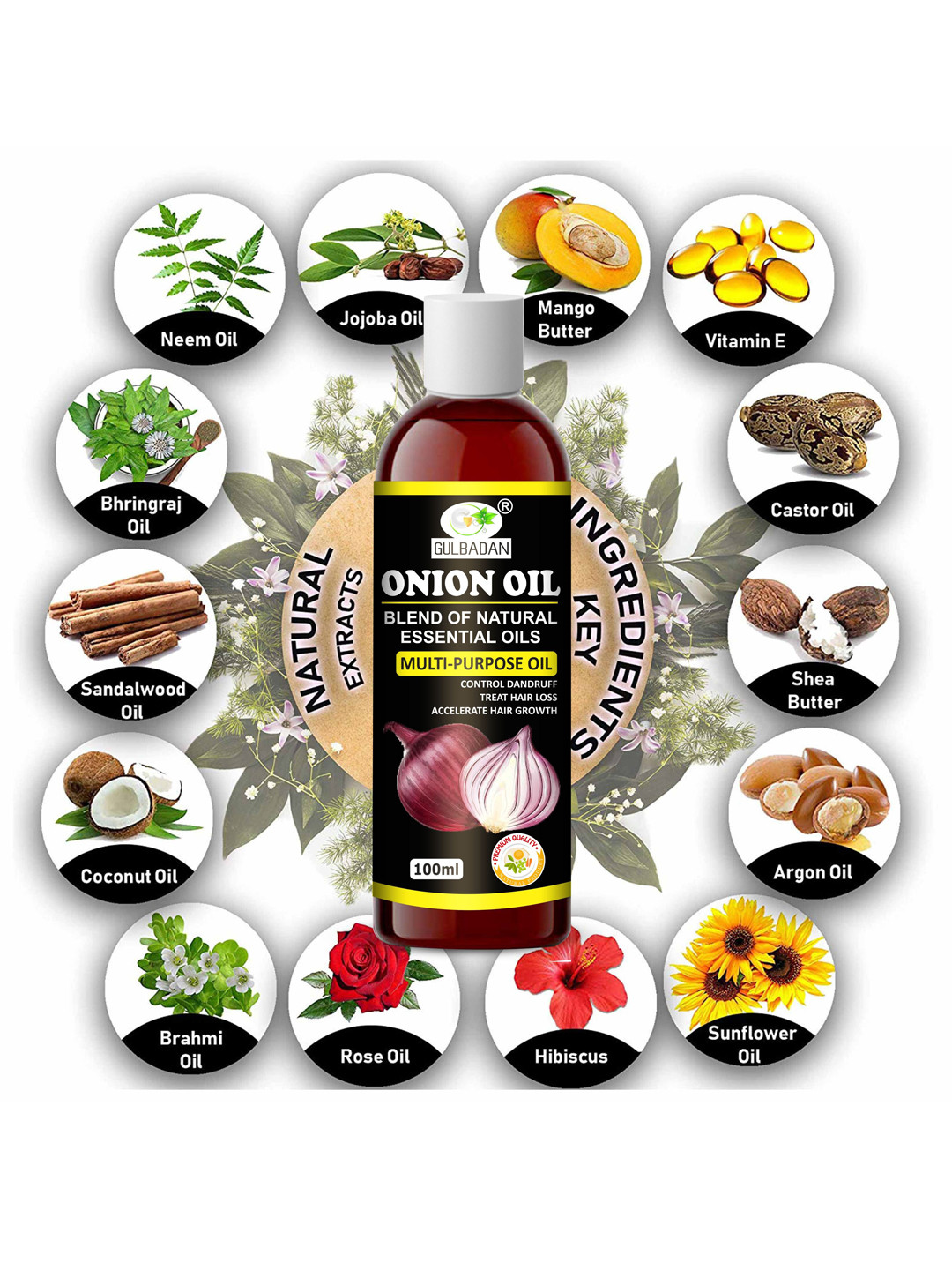 

GULBADAN Onion Hair Oil with Neem & Jojoba Oil for Hair Growth & Hair Fall Control - 100ml, Brown