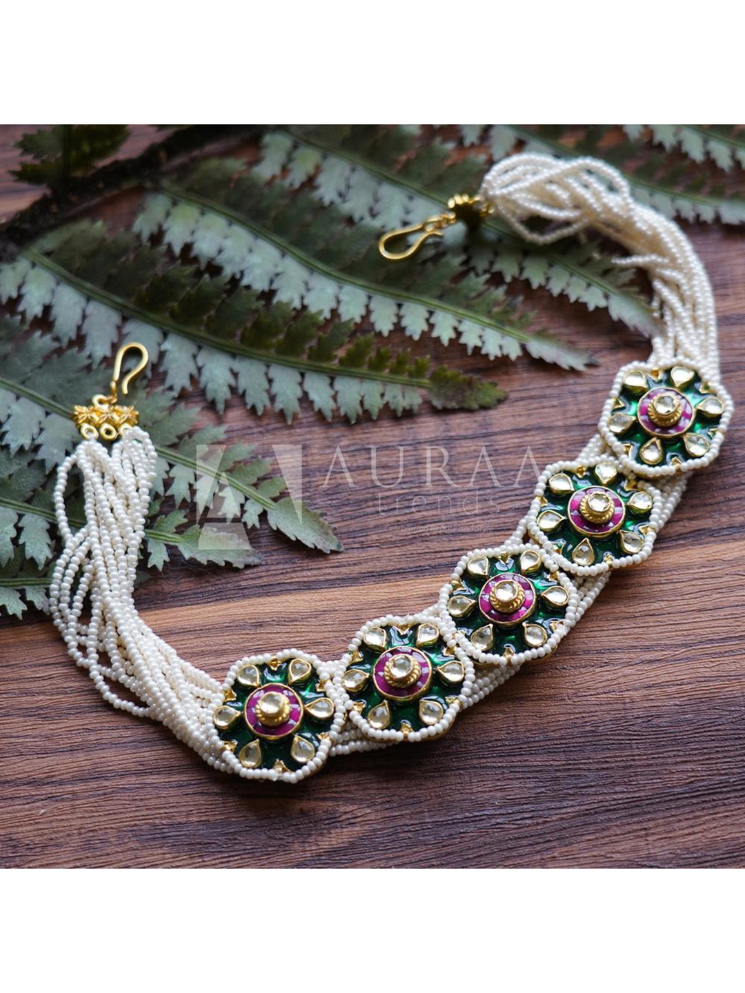 

AURAA TRENDS 22 KT Gold-Plated White & Green Kundan-Studded & Pearl Beaded Head Chain