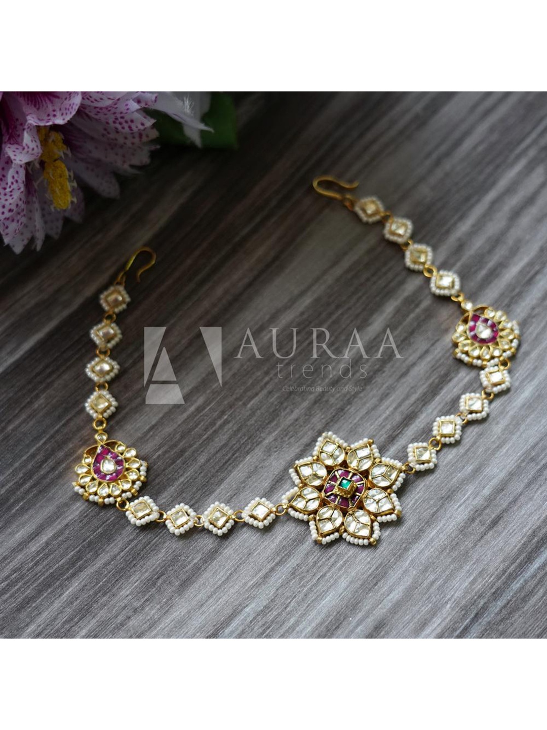 

AURAA TRENDS 22 KT Gold-Plated White & Red Kundan-Studded & Pearl Beaded Head Chain