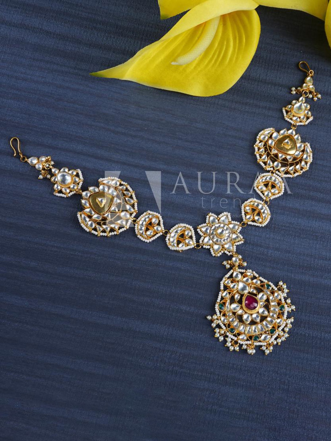 

AURAA TRENDS 22 KT Gold-Plated White & Green Kundan-Studded & Pearl Beaded Matha Patti