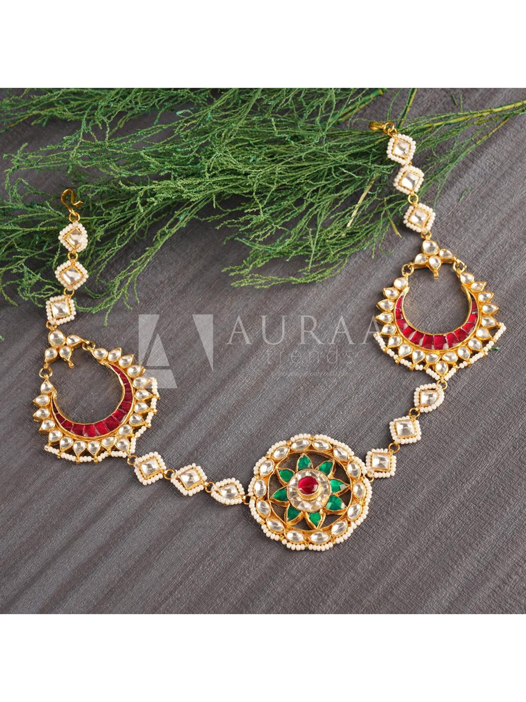 

AURAA TRENDS 22 KT Gold-Plated White & Green Kundan-Studded & Pearl Beaded Head Chain