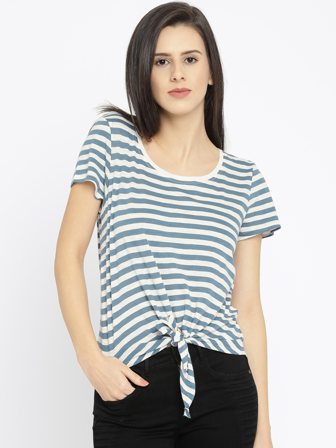 

ONLY Women Blue White Striped Round Neck Pure Cotton T-shirt