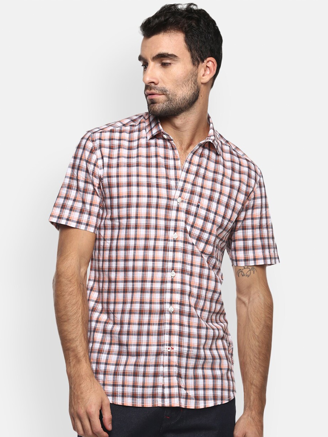 

Red Chief Men Orange Slim Fit Checked Casual Shirt
