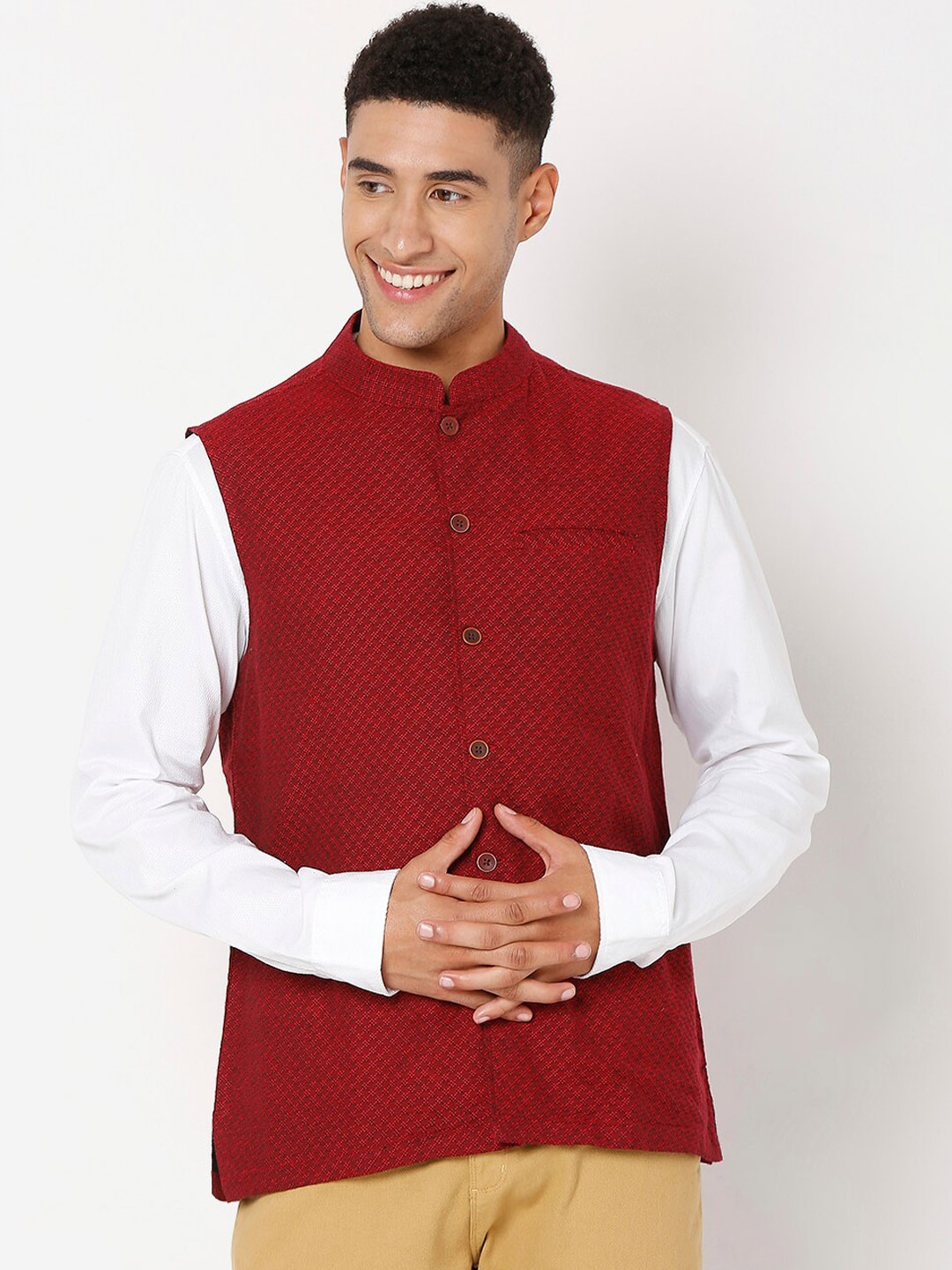 

SALWAR STUDIO Men Maroon Red Woven Design Pure Cotton Nehru Jackets