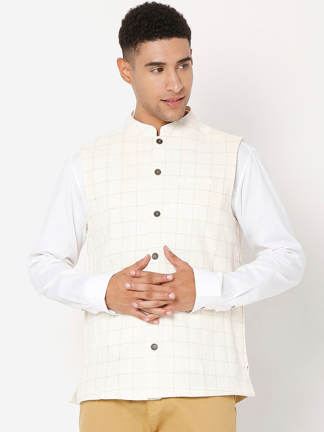 

SALWAR STUDIO Men Off-White Woven Design Pure Cotton Nehru Jackets