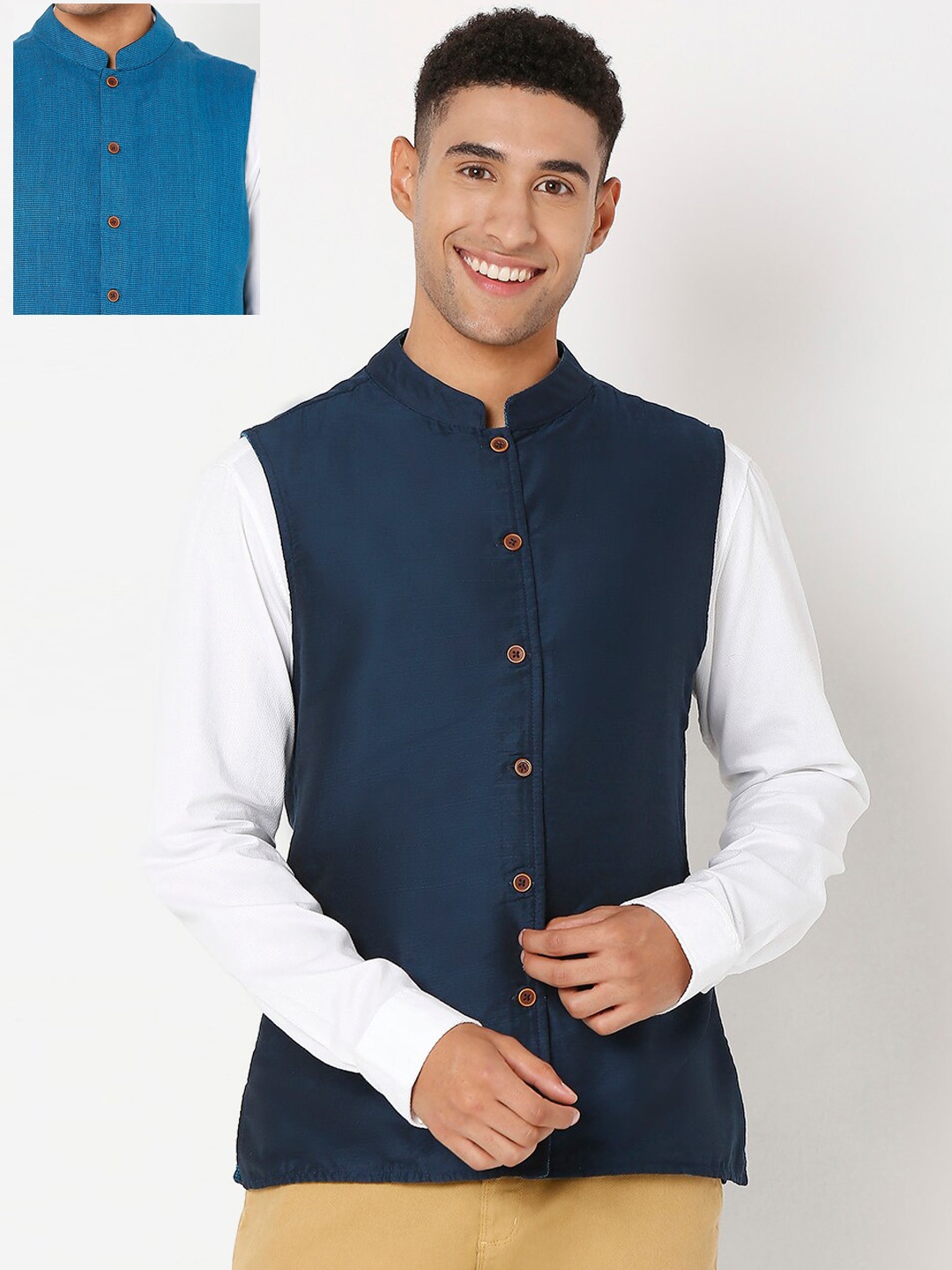 

SALWAR STUDIO Men Blue Textured Pure Cotton Woven-Design Reversible Nehru Jacket