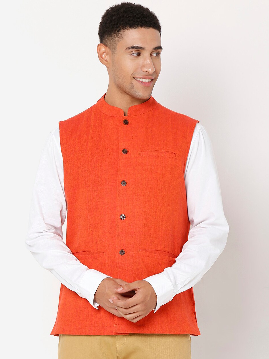 

SALWAR STUDIO Men Orange Solid Woven Nehru Jacket