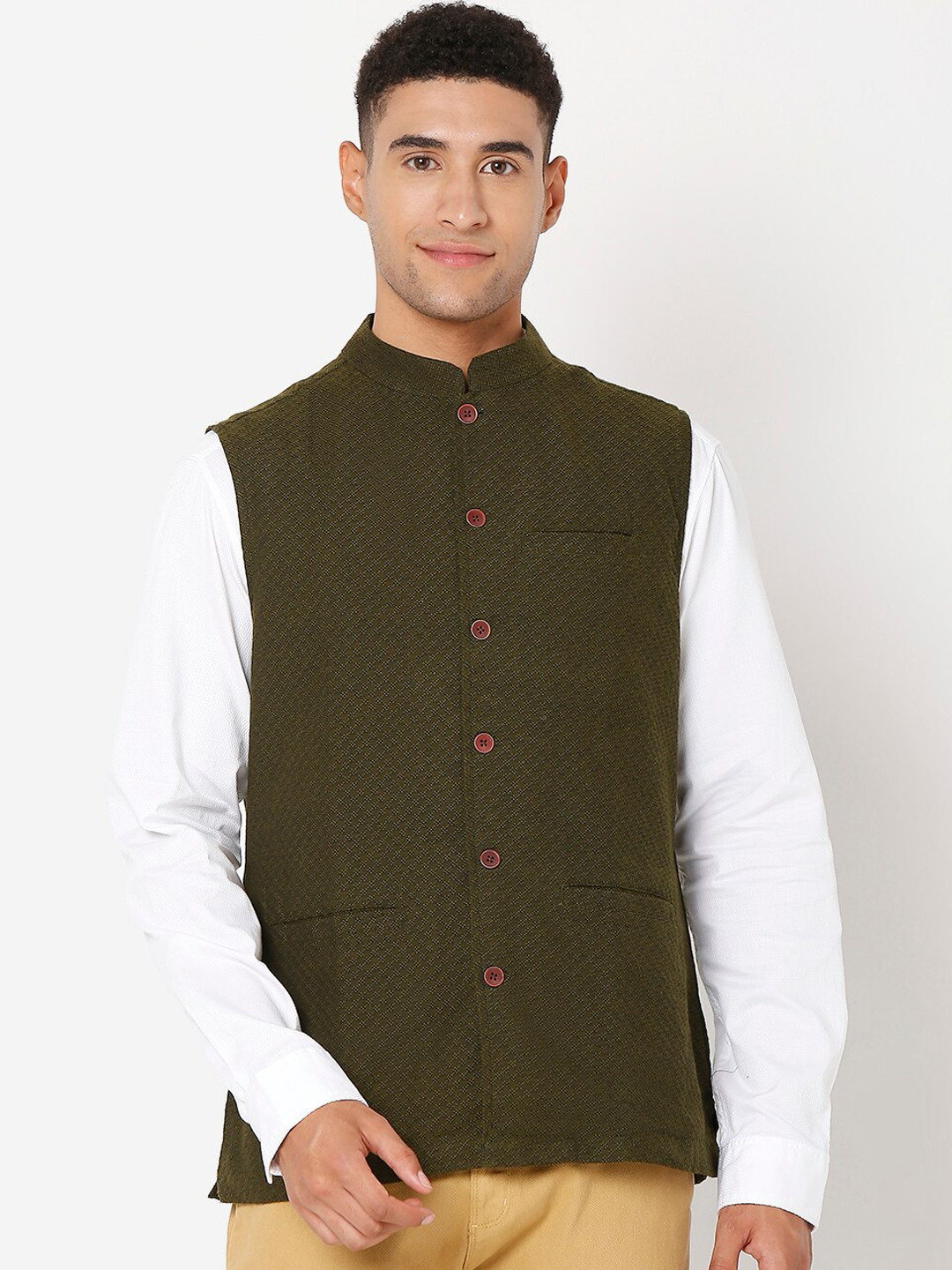 

SALWAR STUDIO Men Green woven Design Pure Cotton Nehru Jackets