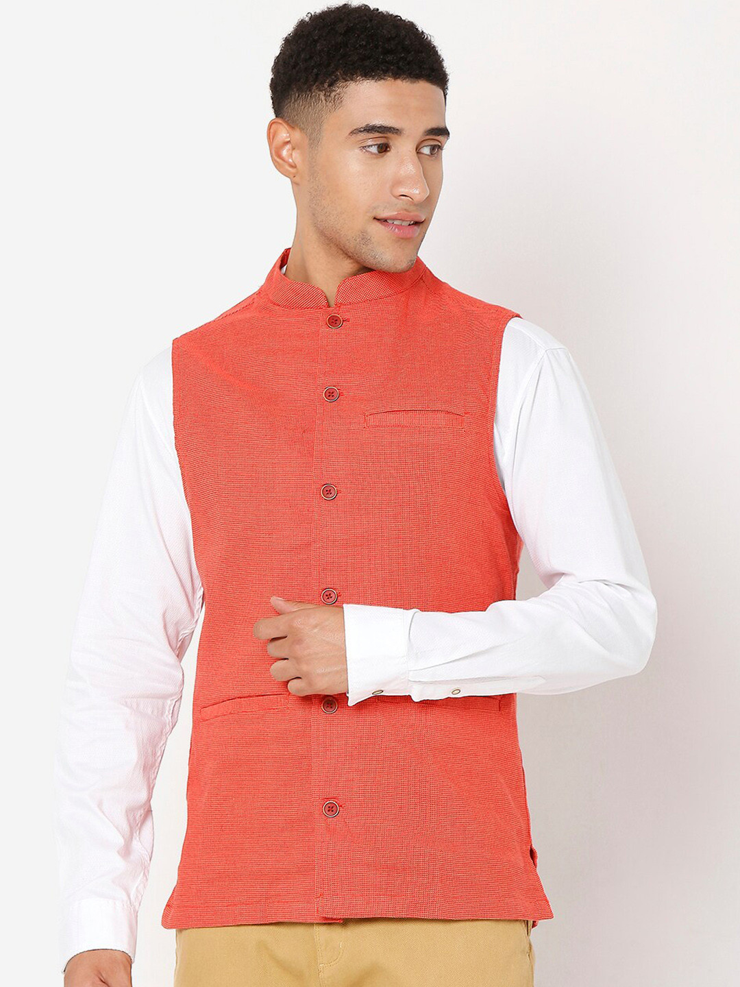 

SALWAR STUDIO Men Orange Woven Design Pure Cotton Nehru Jackets